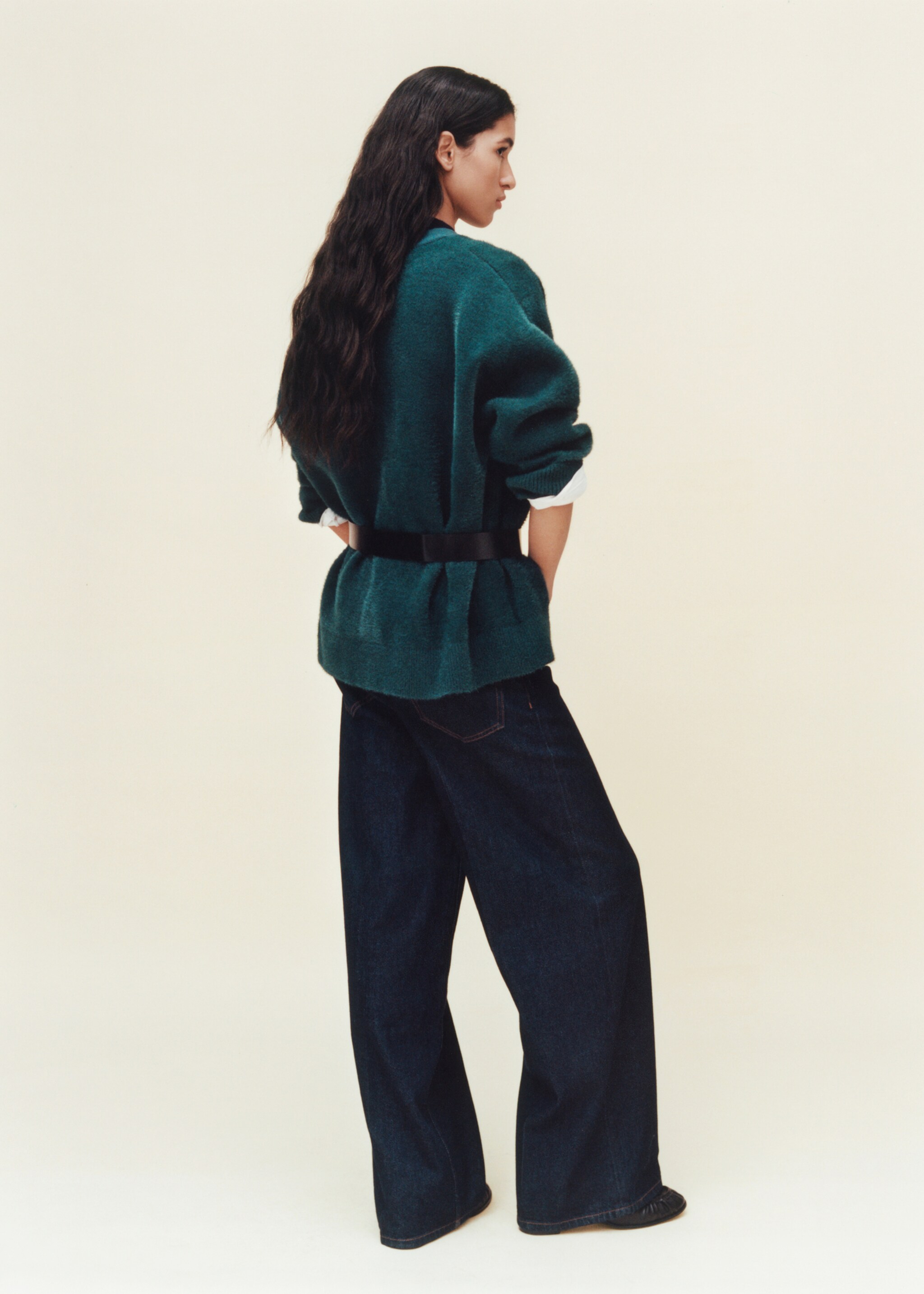 Faux-fur knitted cardigan - Details of the article 7, Petrol Blue. Ref: 87050352-00.