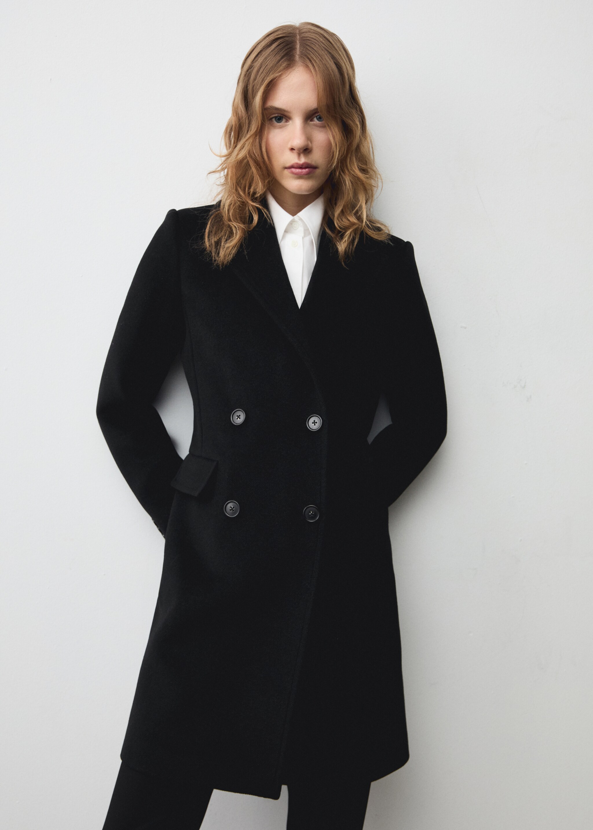 Double-breasted midi wool coat - Medium plane, Black. Ref: 87050428-00.