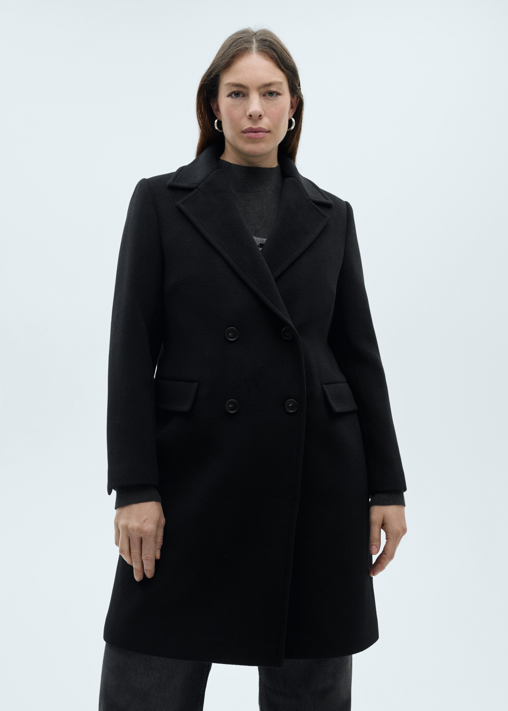 Double-breasted midi wool coat - Details of the article 5, Black. Ref: 87050428-00.