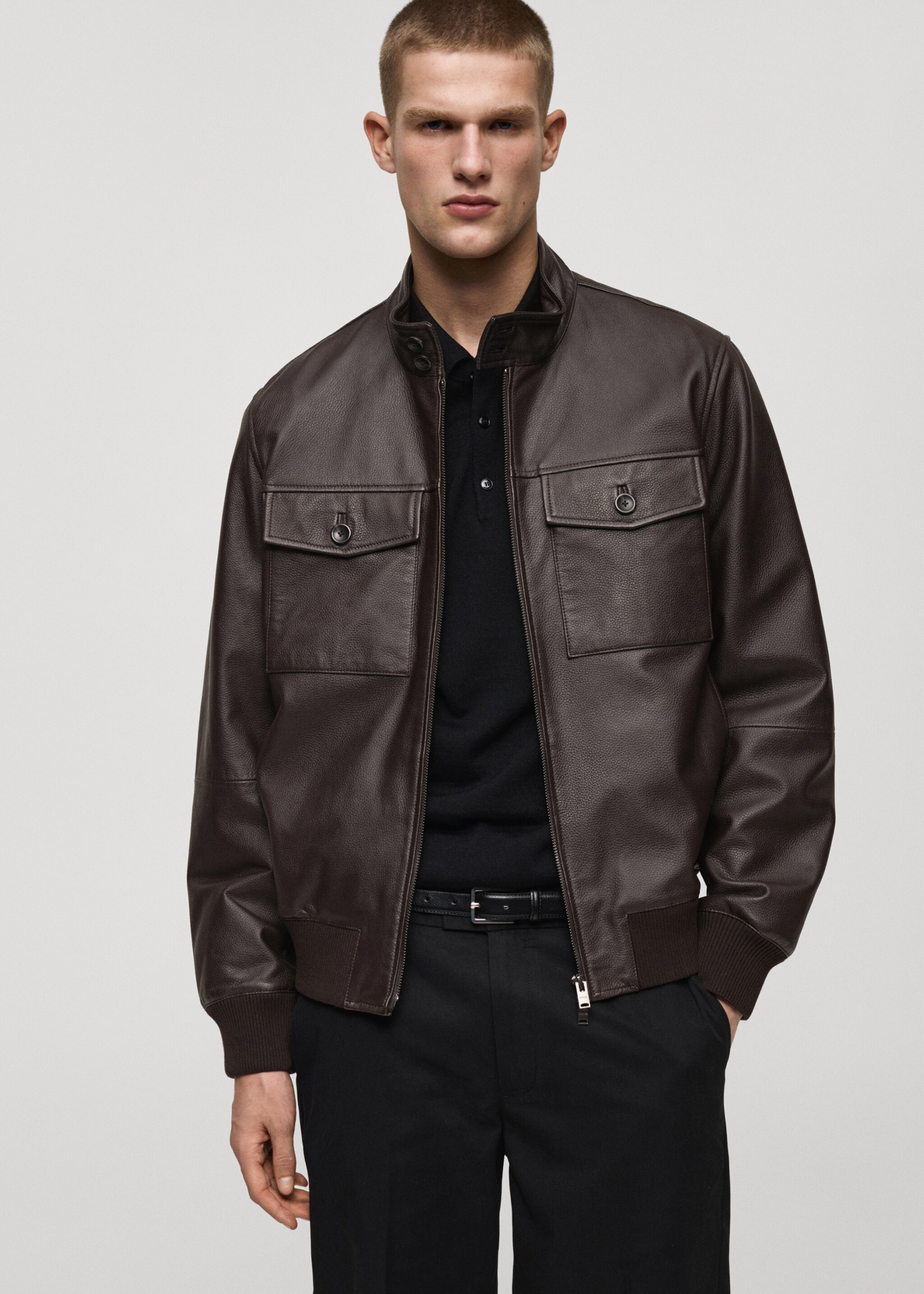 Pocket leather biker jacket - Medium plane, Brown. Ref: 87050576-00.
