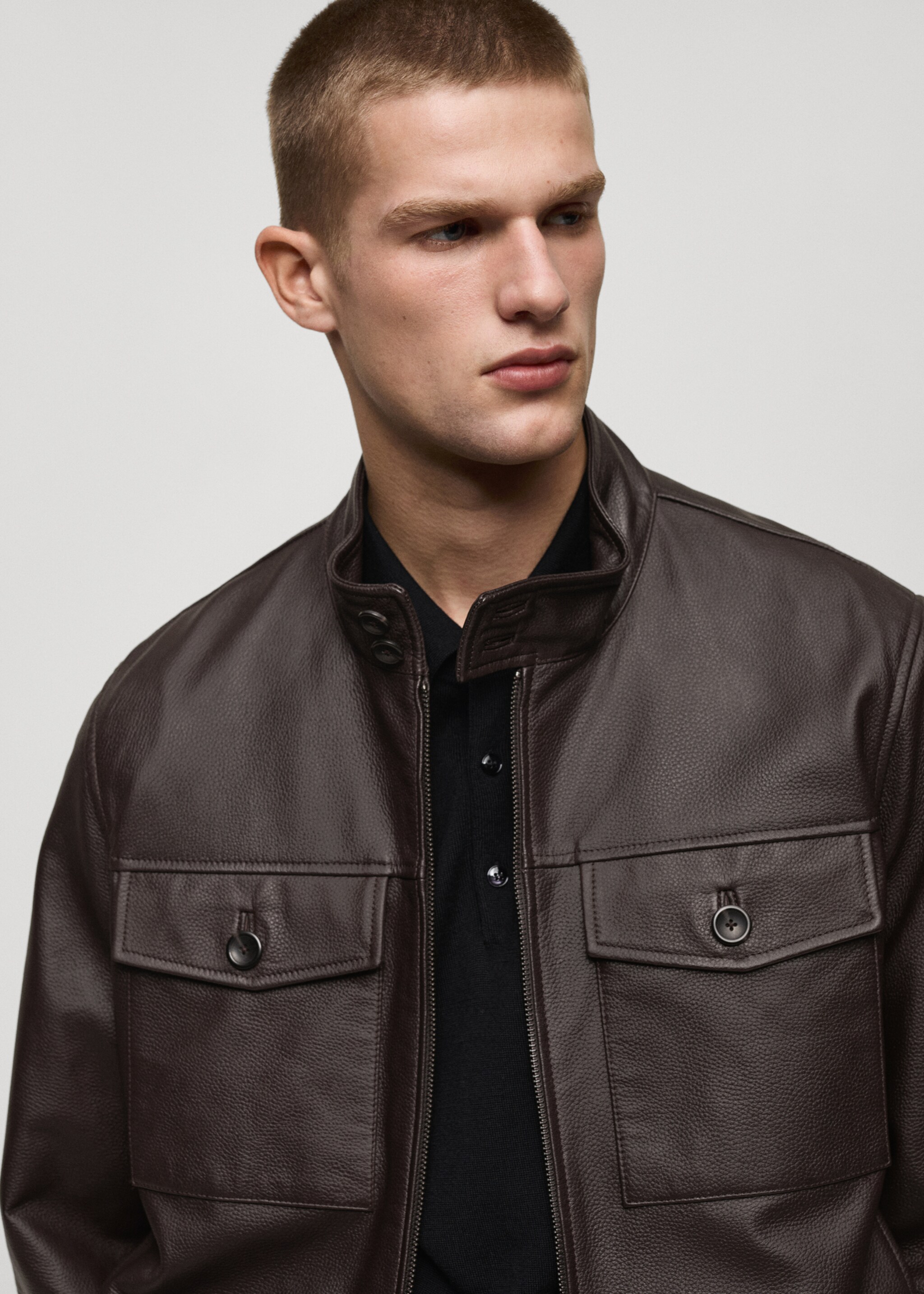 Pocket leather biker jacket - Details of the article 1, Brown. Ref: 87050576-00.