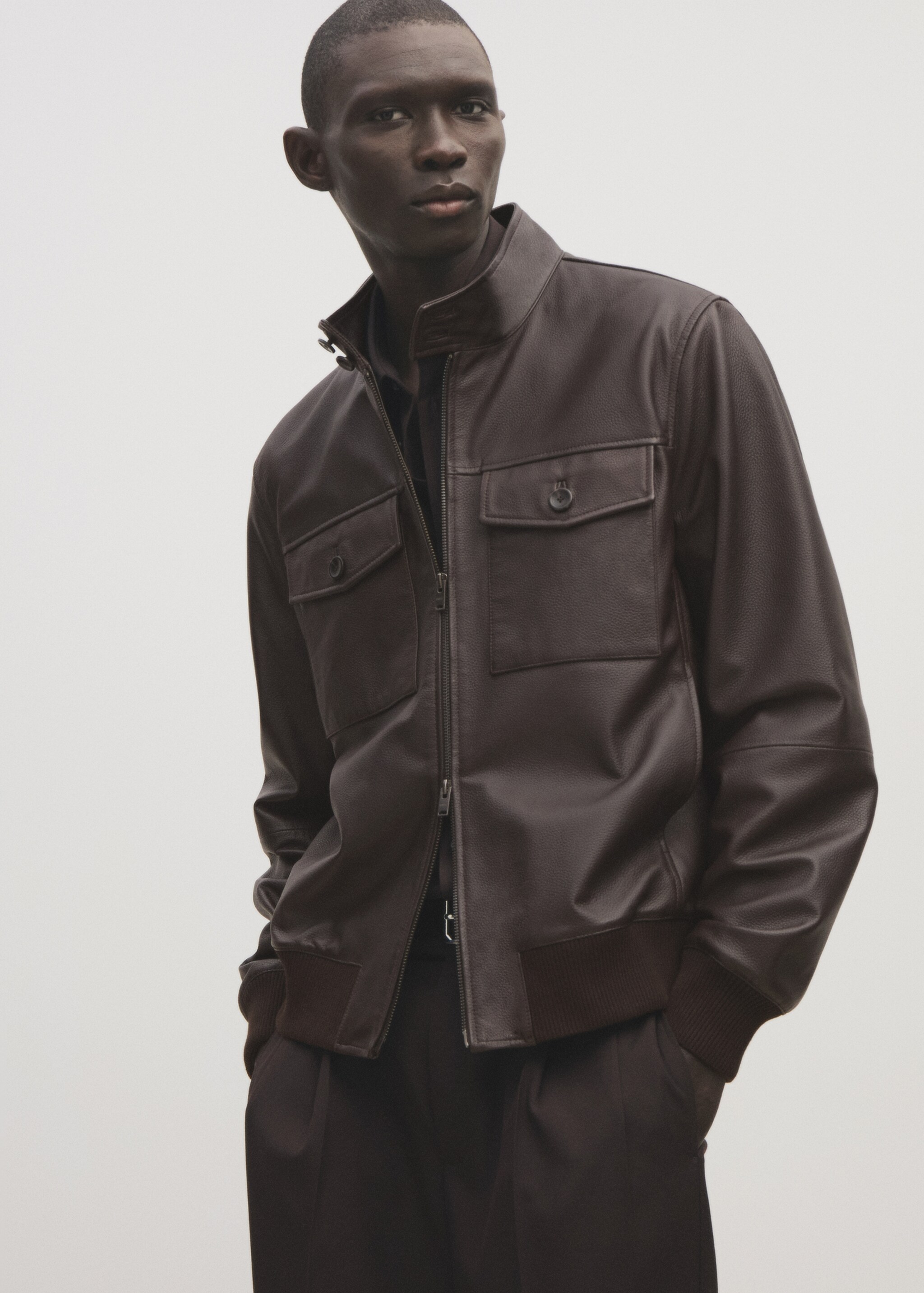 Pocket leather biker jacket - Details of the article 5, Brown. Ref: 87050576-00.
