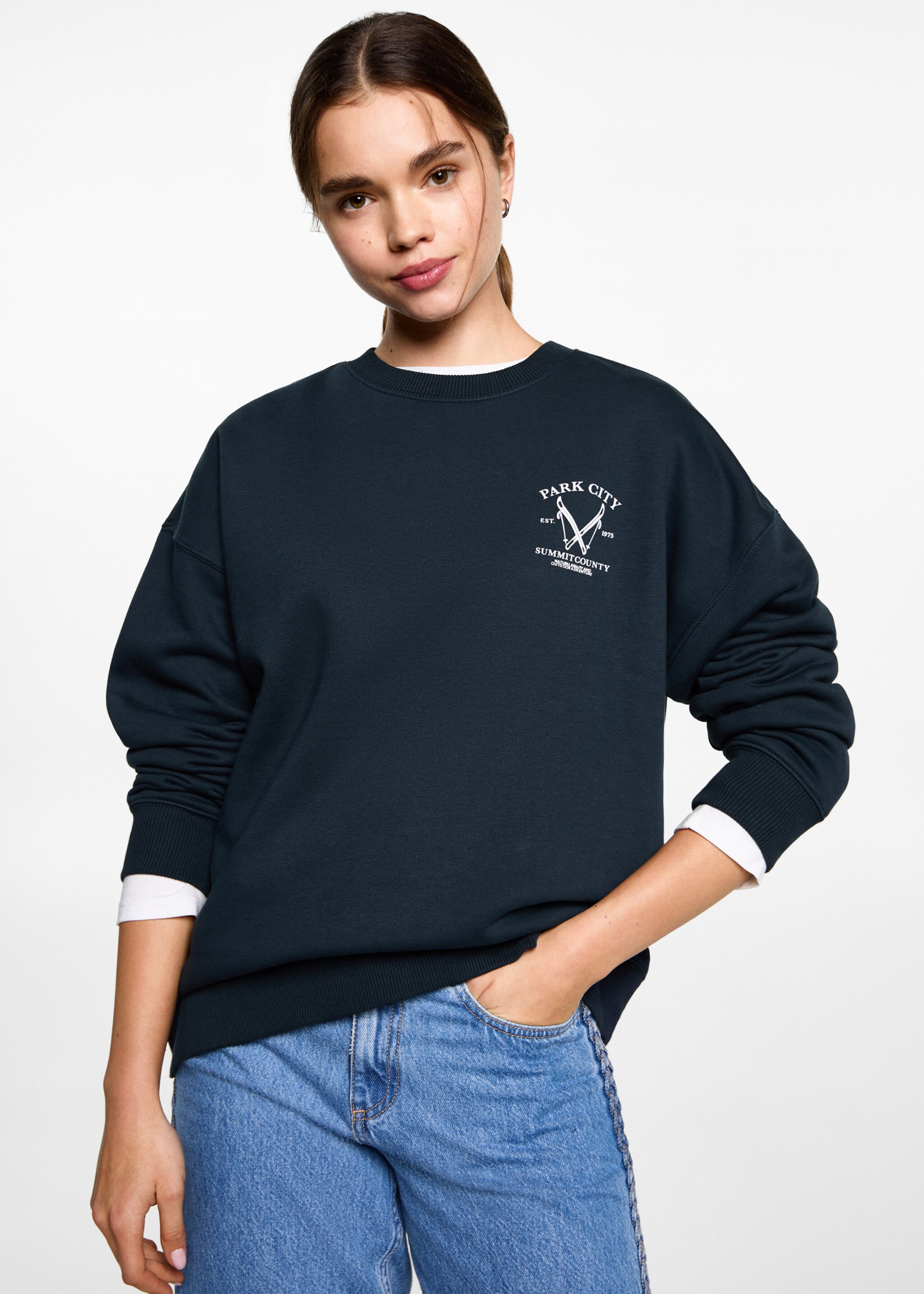 Sweat-shirt coton imprimé - Plan moyen, Bleu marine foncé. Ref: 87050593-00.