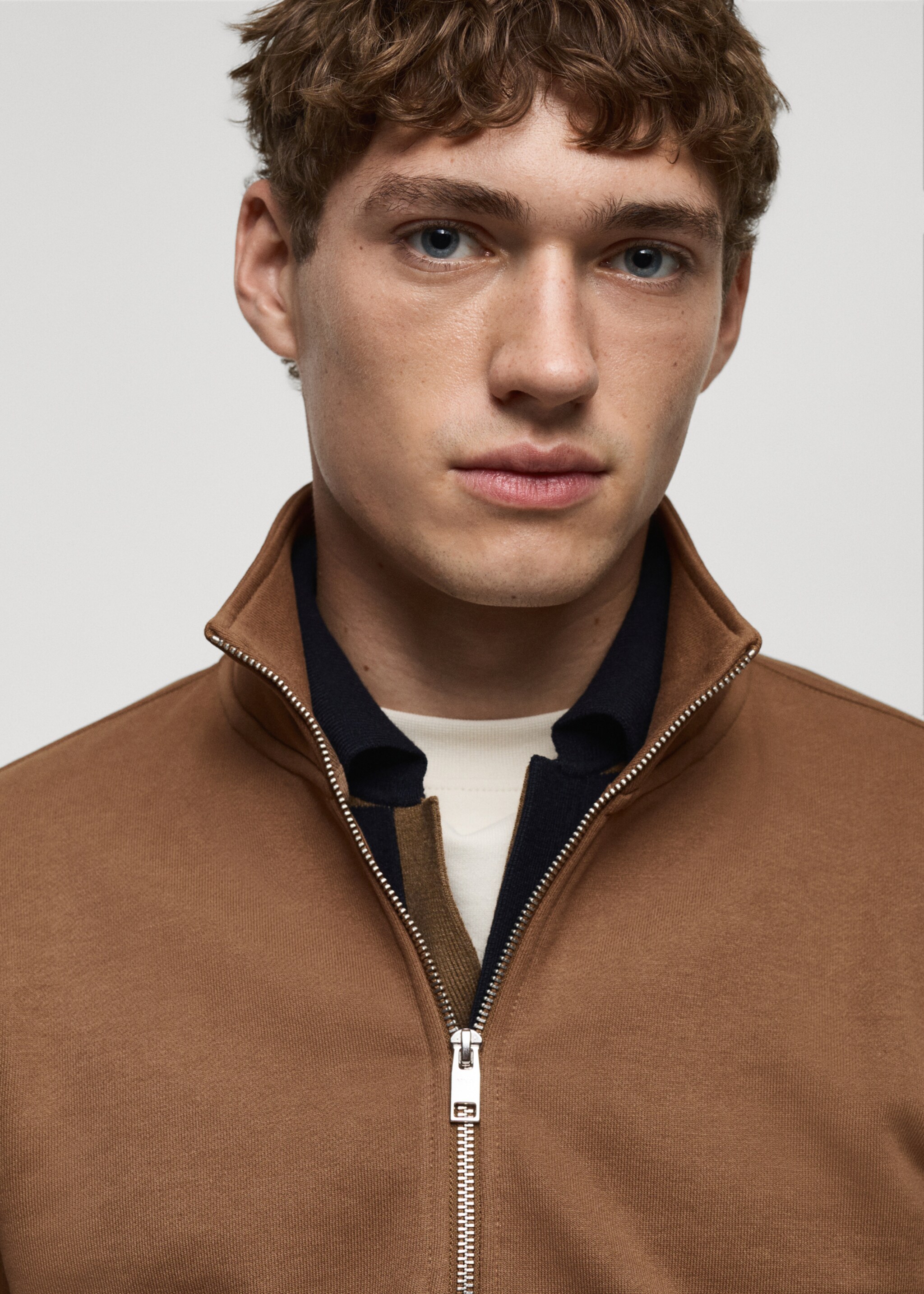 Regular-fit zip-neck sweatshirt - Details of the article 1, Medium Brown. Ref: 87050601-00.