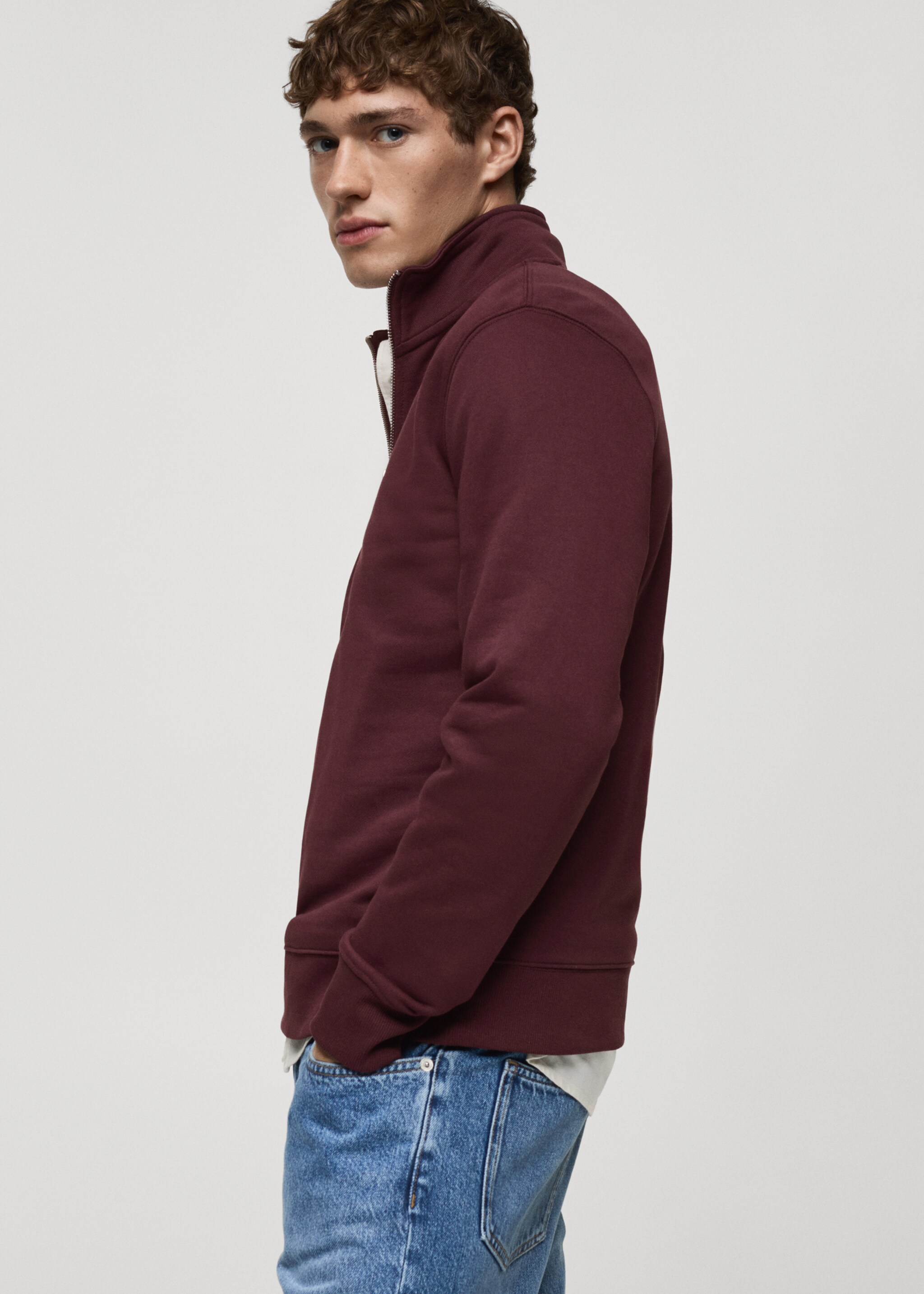 Regular-fit zipper-neck sweatshirt - Details of the article 2, Burgundy. Ref: 87050601-00.