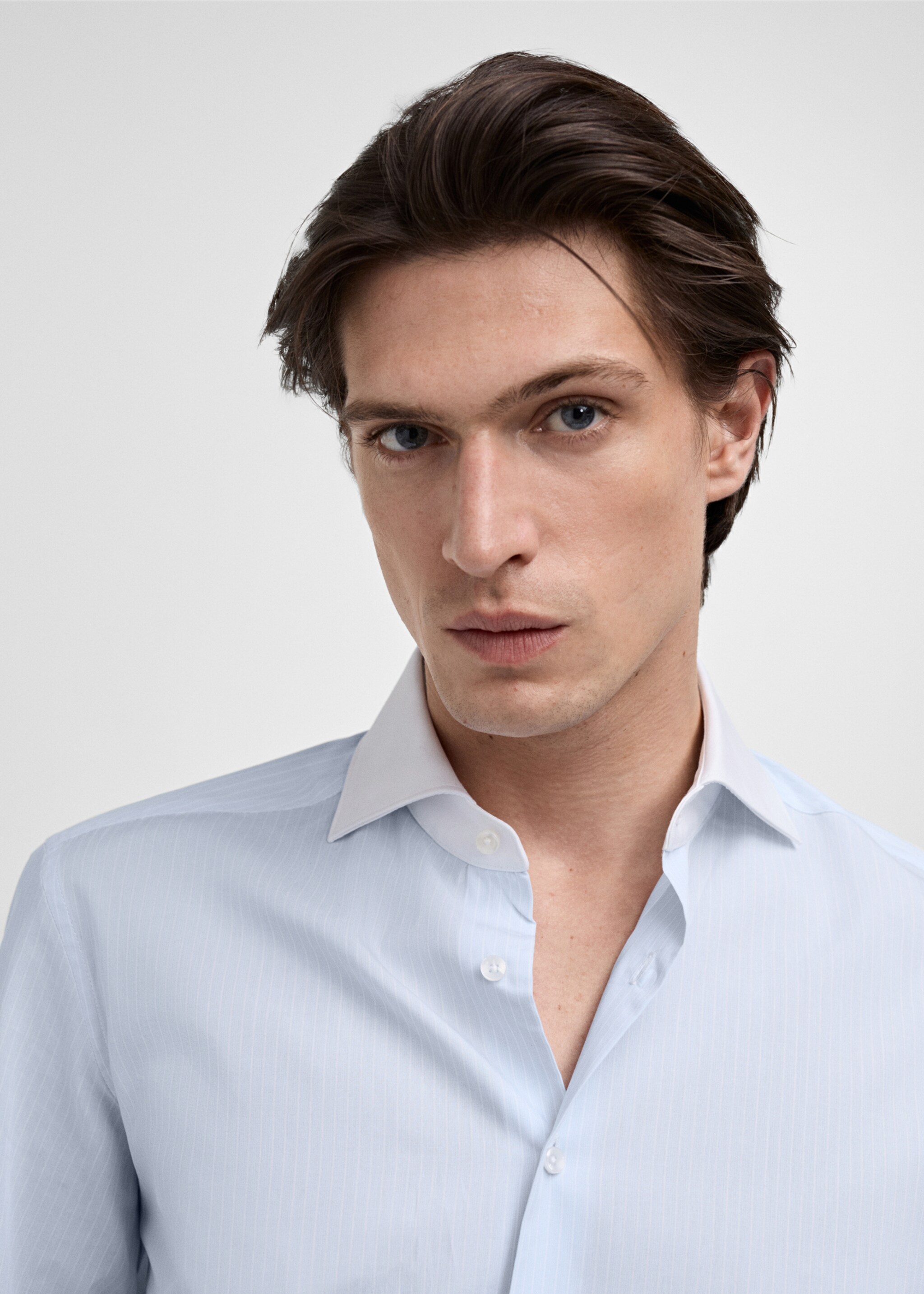 Striped suit shirt with contrasting collar - Details of the article 1, Sky Blue. Ref: 87050609-00.