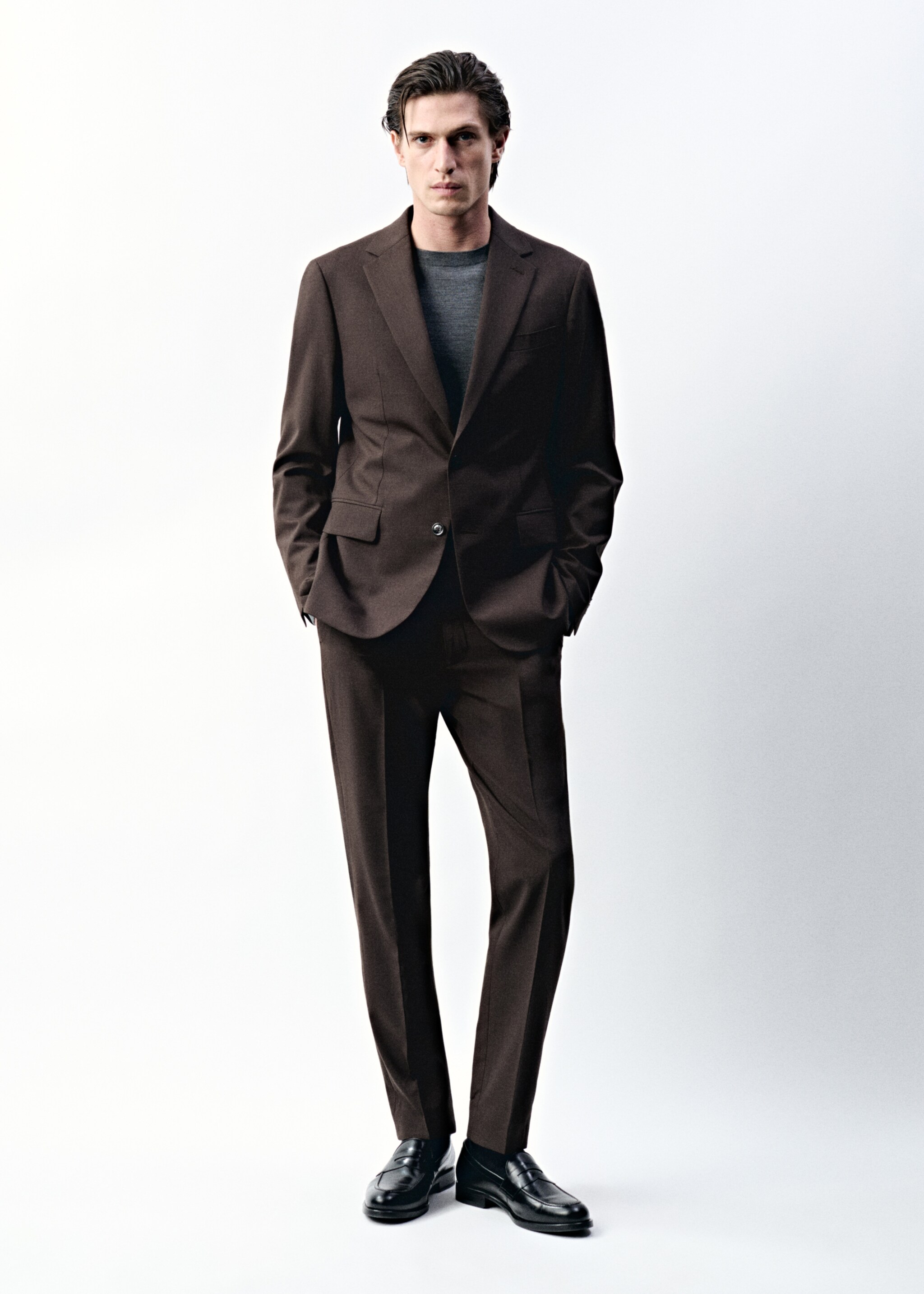 Stretch fabric super slim-fit suit trousers - Details of the article 5, Brown. Ref: 87050623-00.