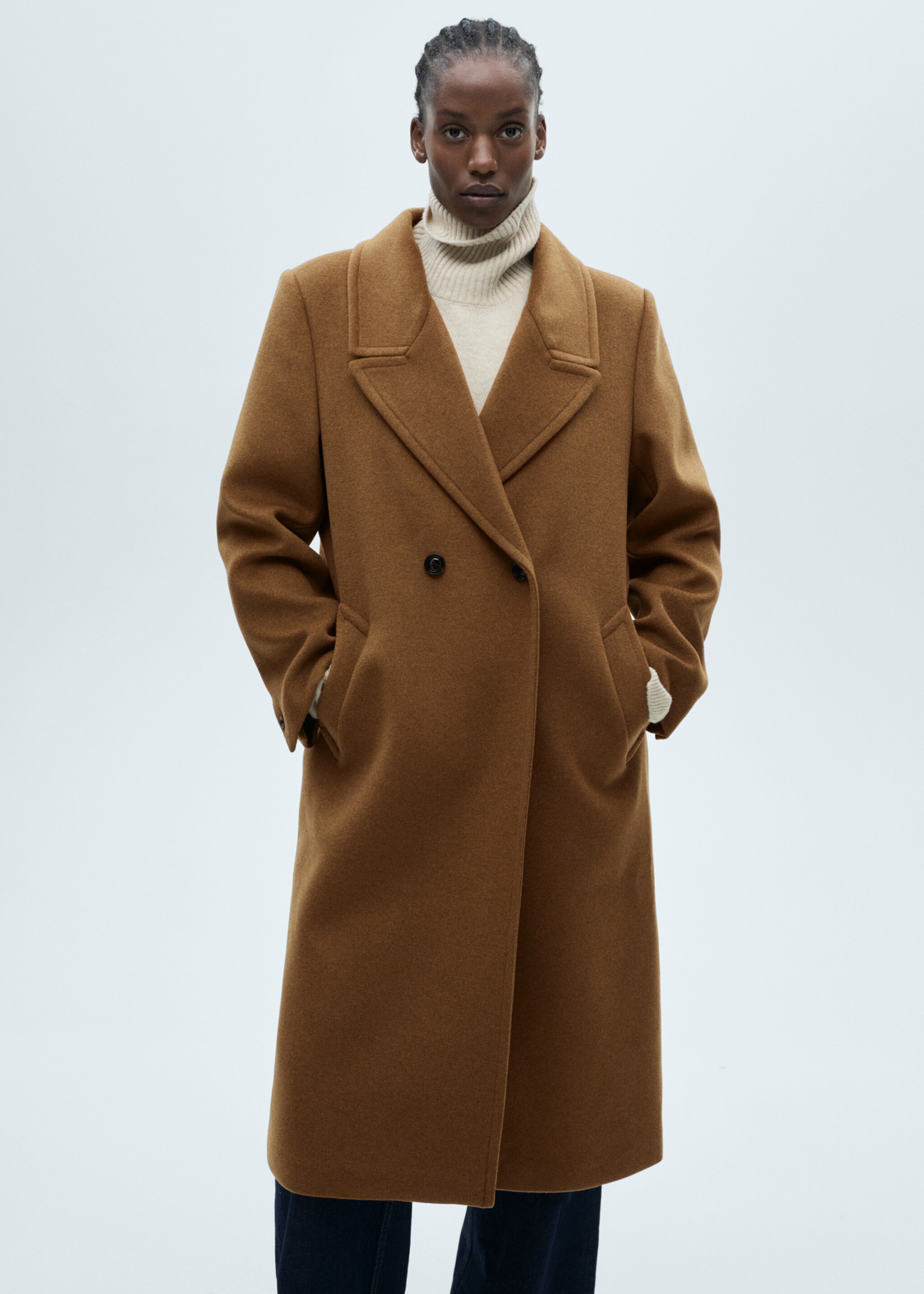 Double-breasted wool coat - Details of the article 5, Ochre. Ref: 87050624-00.
