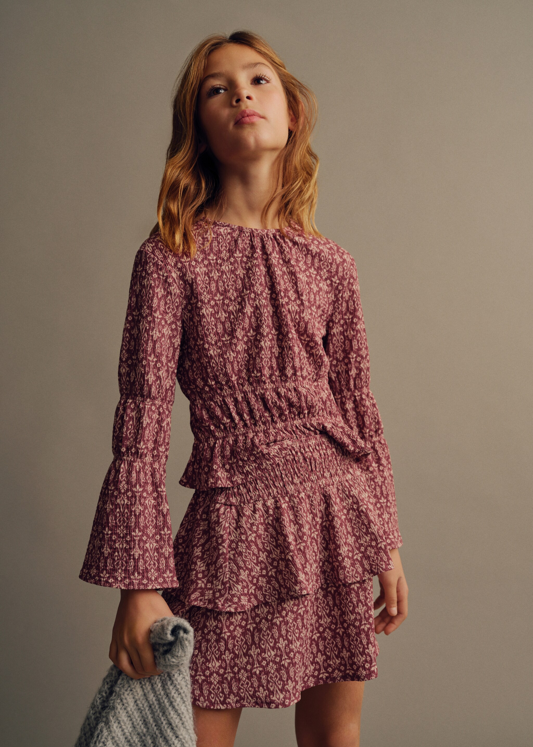 Bedrukte rok met ruches - Middenvlak, Wijnrood. Ref: 87050644-00.