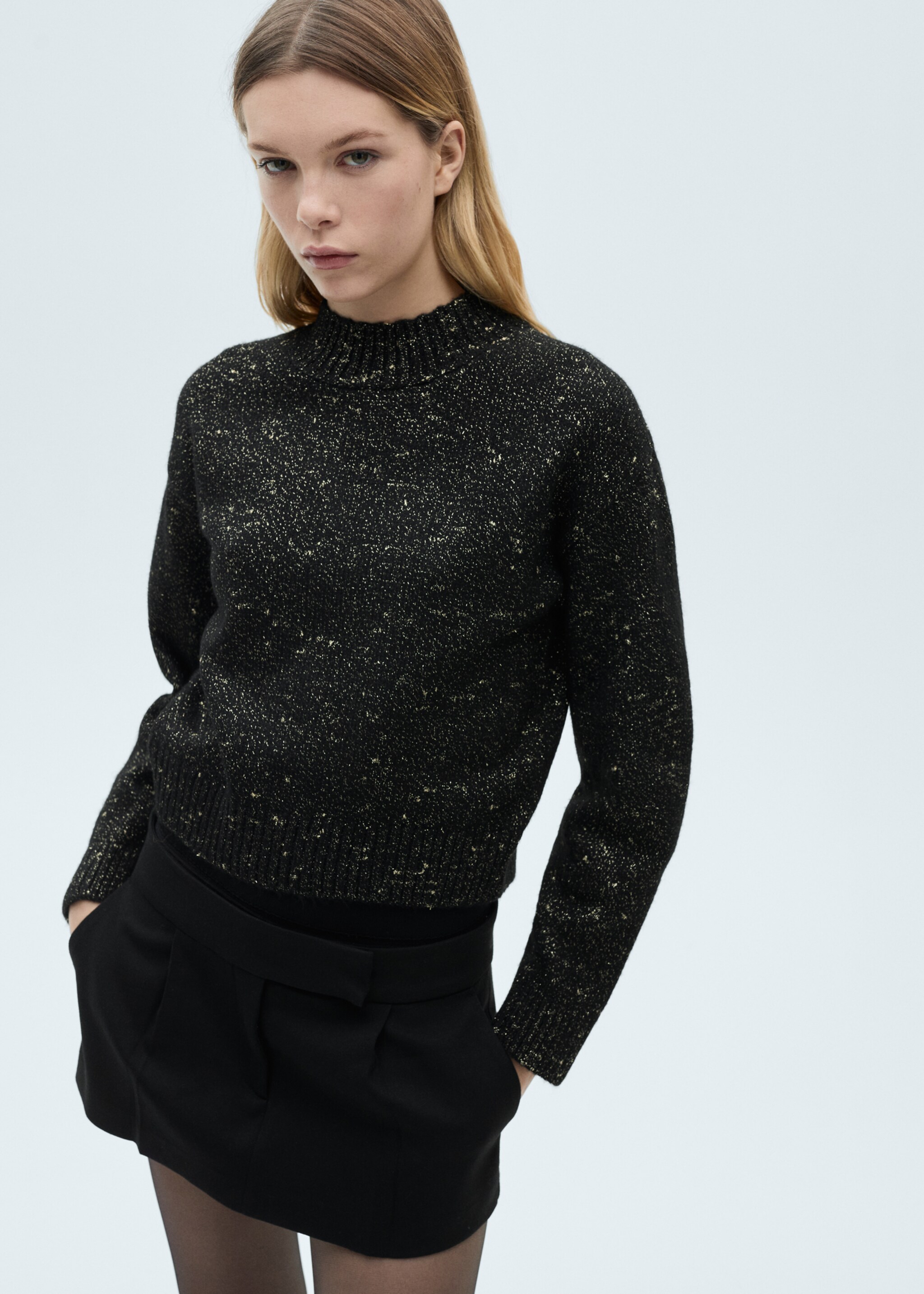 Lurex sweater with perkins neck - Medium plane, Black. Ref: 87050651-00.