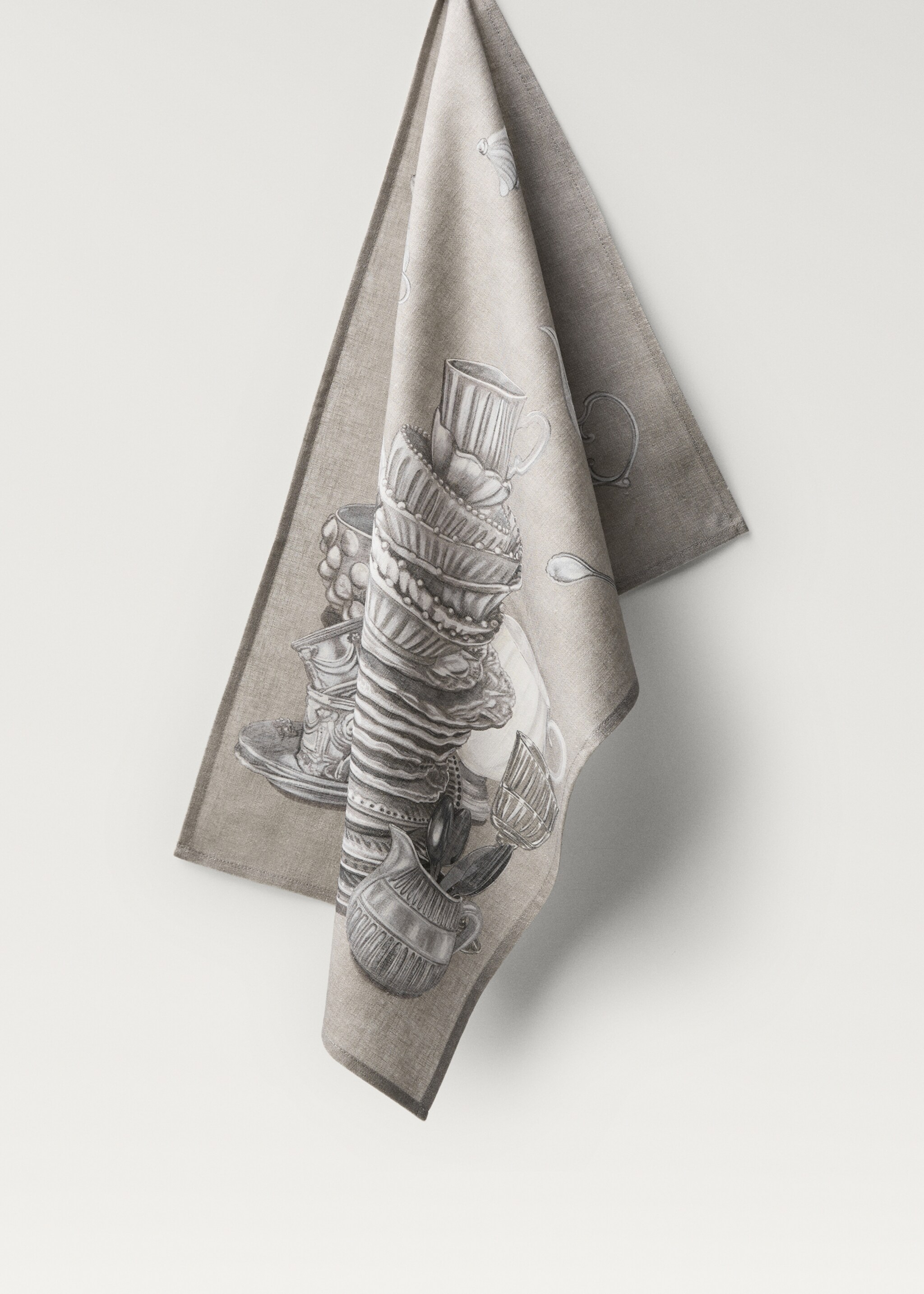 Cotton linen dish cloth with crockery print - Article without model, Sand. Ref: 87050656-00.