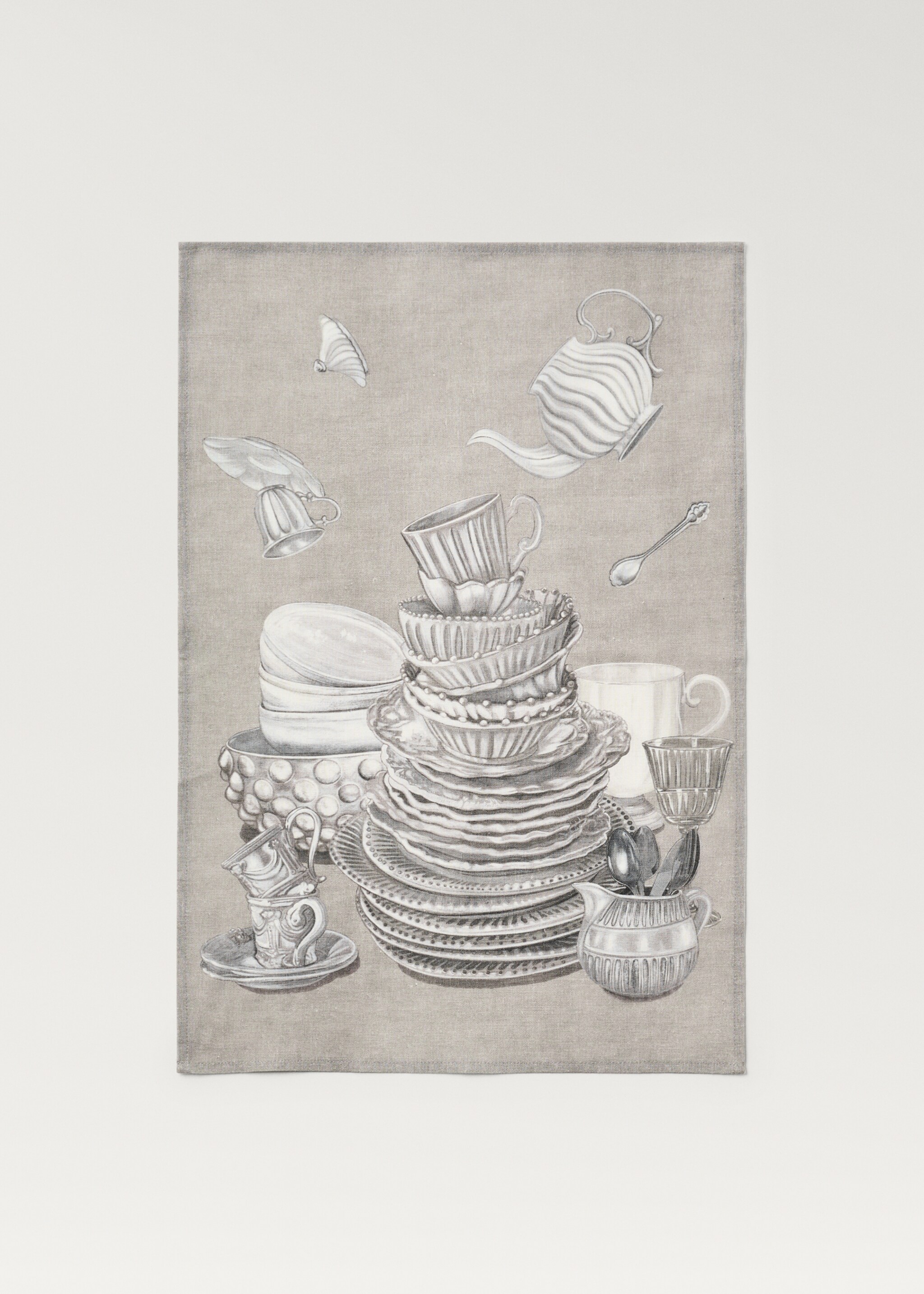 Cotton linen dish cloth with crockery print - Details of the article 1, Sand. Ref: 87050656-00.