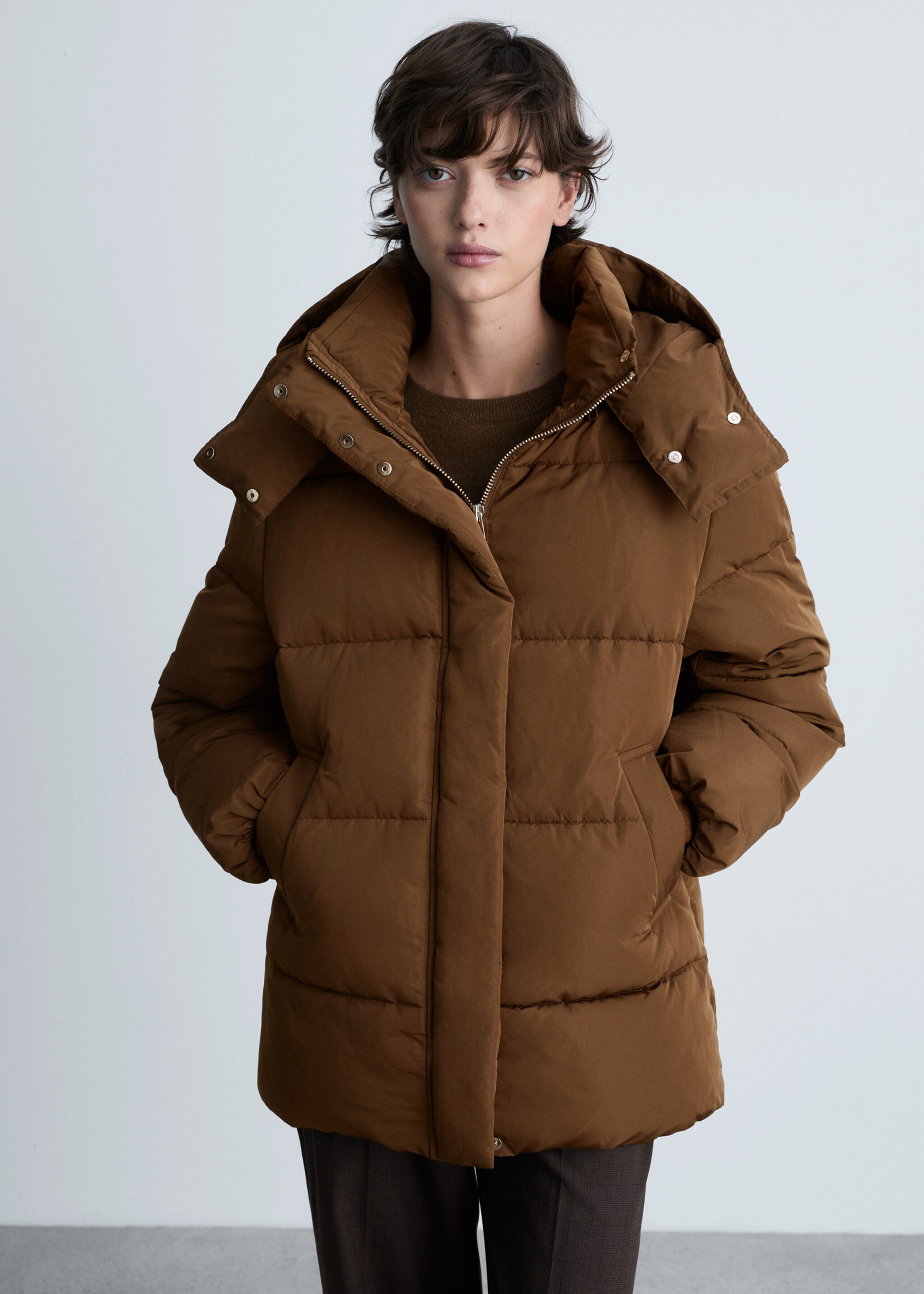 Midi quilted anorak with hood - Medium plane, Medium Brown. Ref: 87051514-00.
