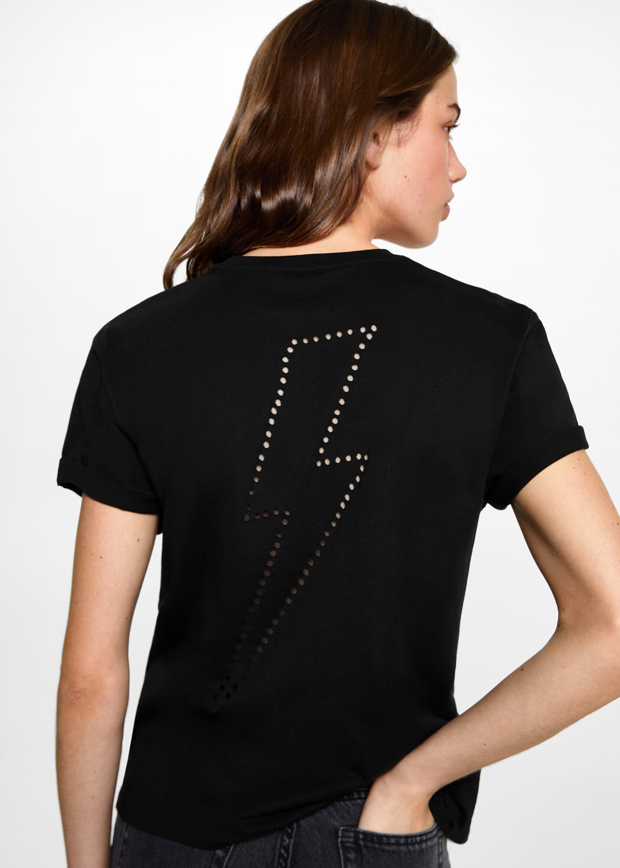 T-Shirt mit gestanztem Blitz-Motiv - Rückseite des Artikels, Schwarz. Ref: 87051515-00.