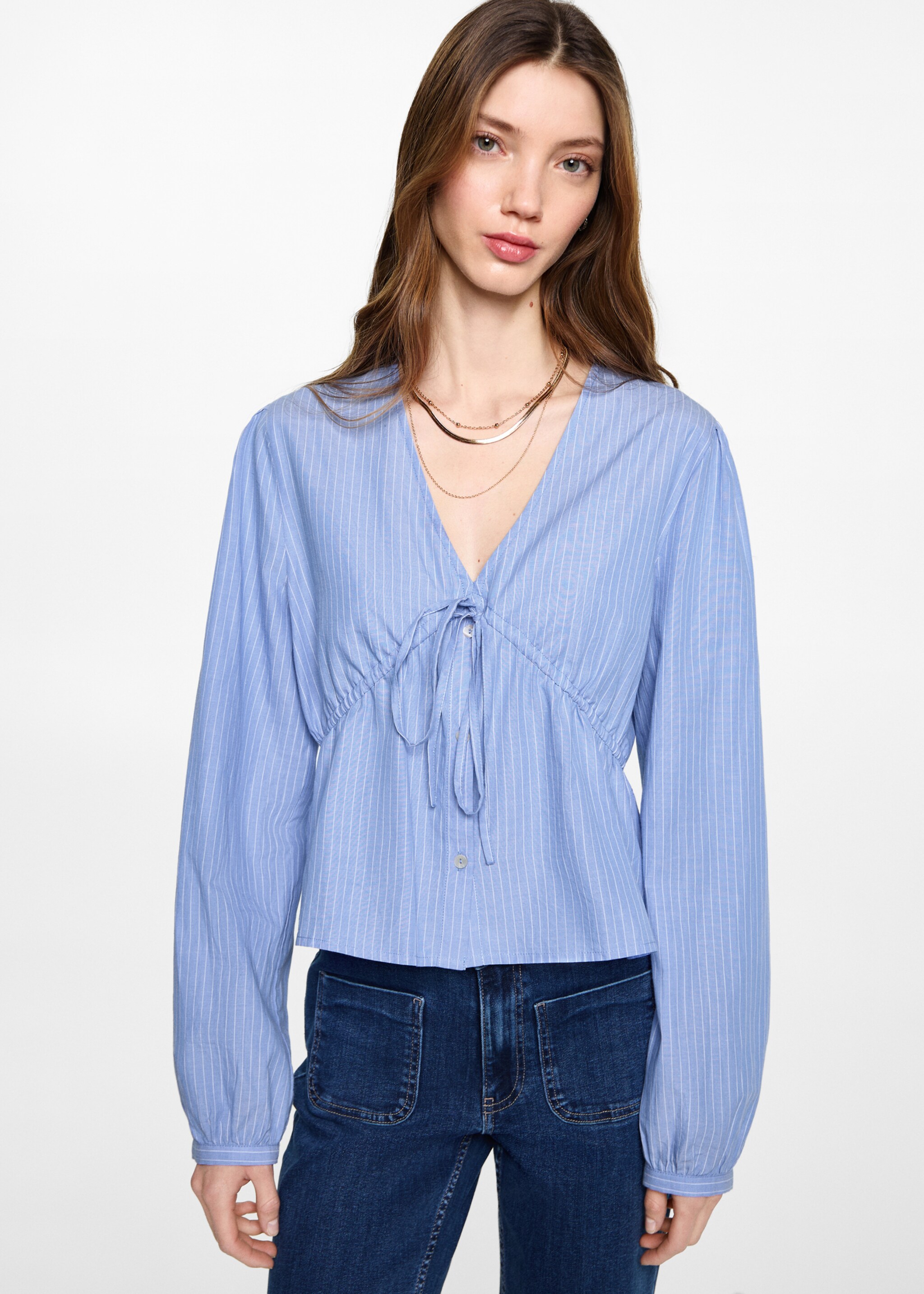 Striped bow blouse - Medium plane, Blue. Ref: 87052540-00.