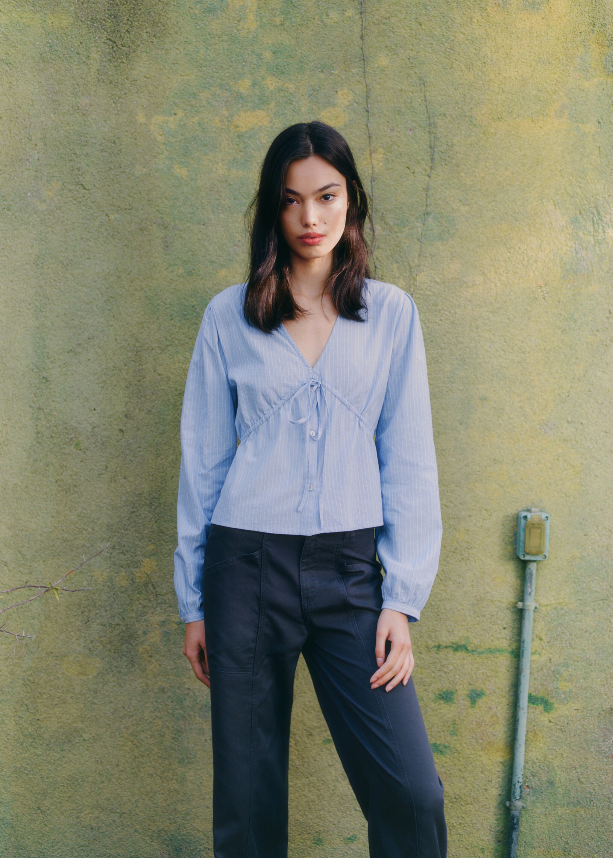 Striped bow blouse - Details of the article 5, Blue. Ref: 87052540-00.