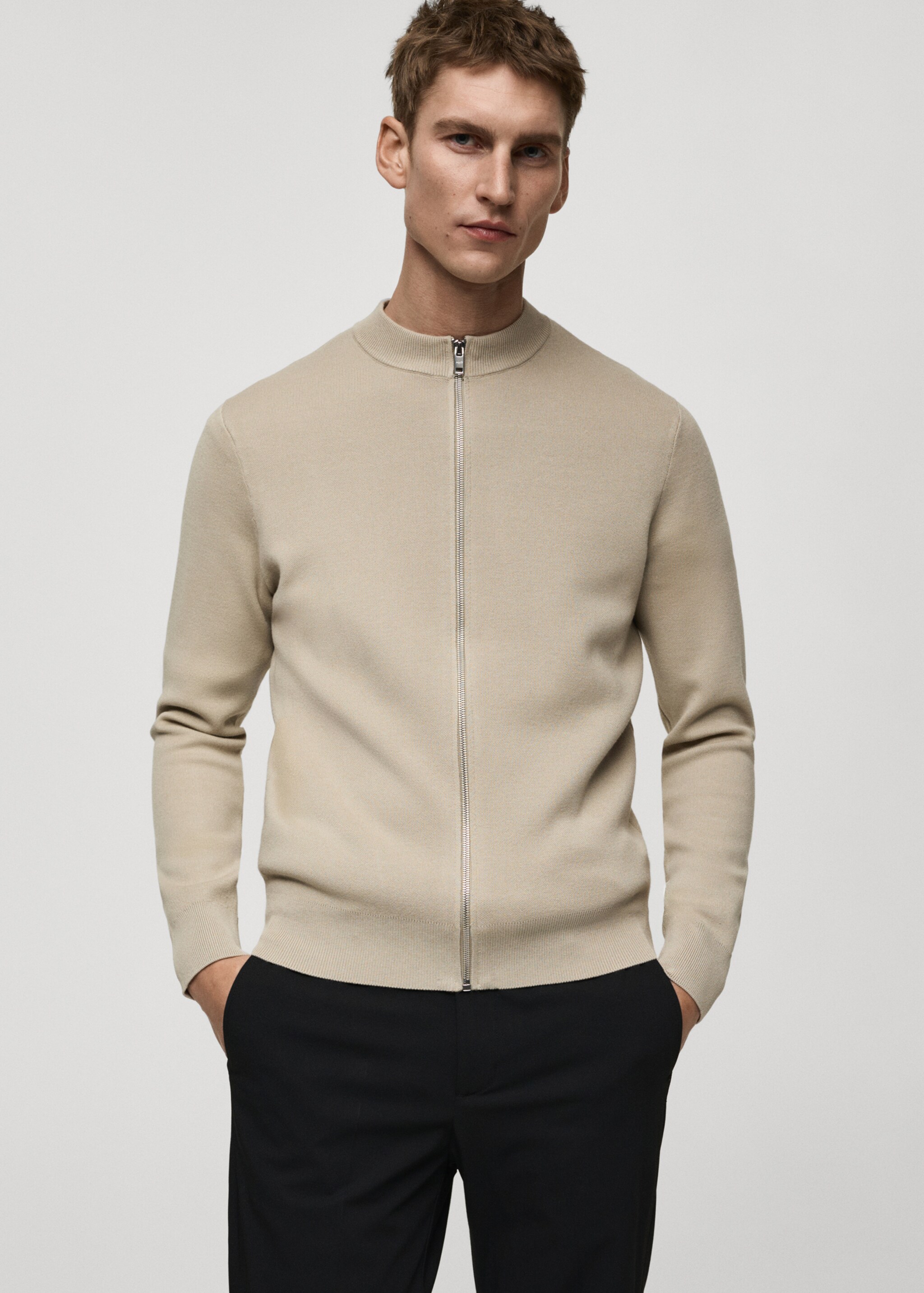 Zipped knit cardigan - Details of the article 4, Beige. Ref: 87052890-00.