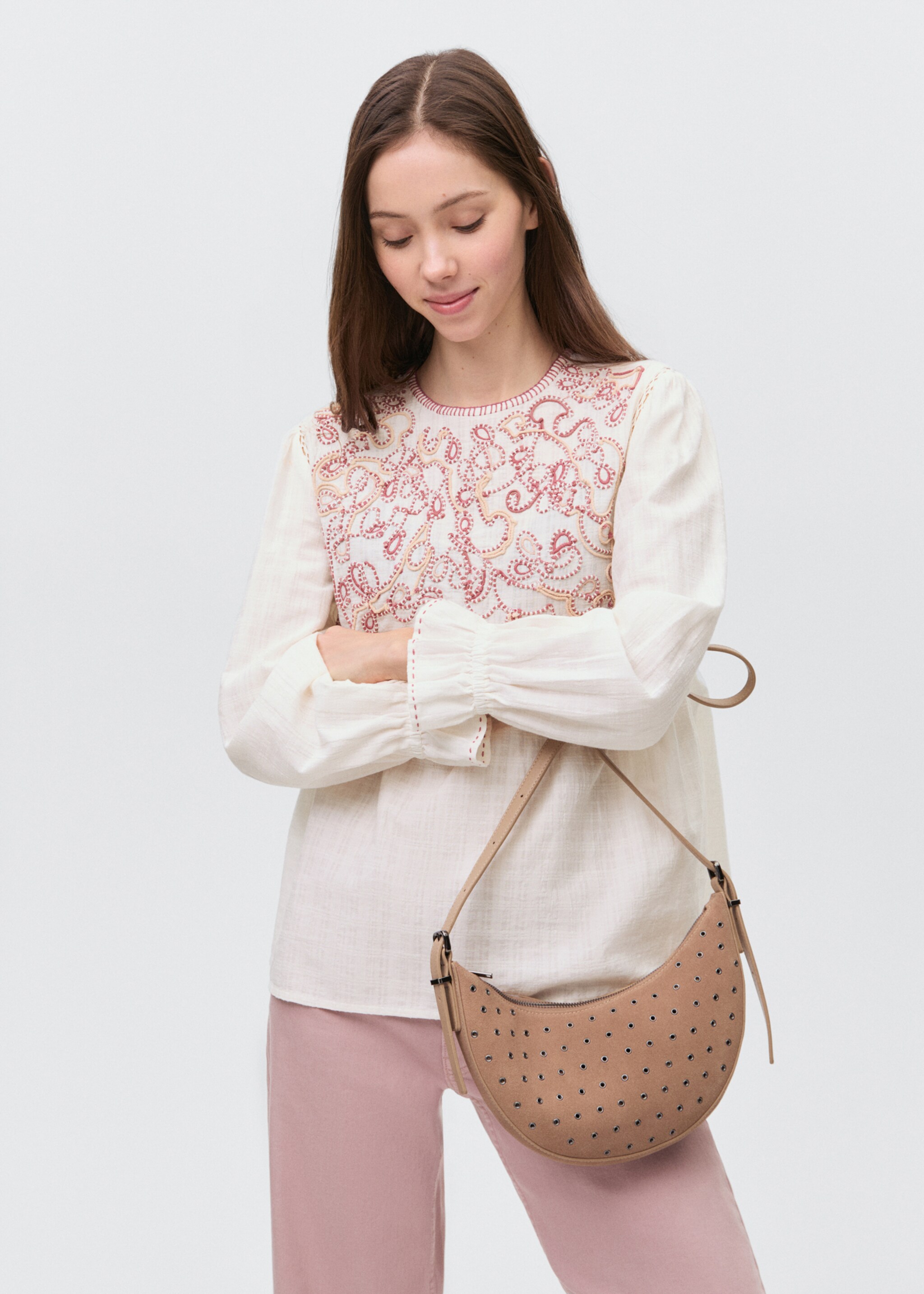 Blusa algodón bordados - Plano medio, Blanco roto. Ref: 87053278-00.