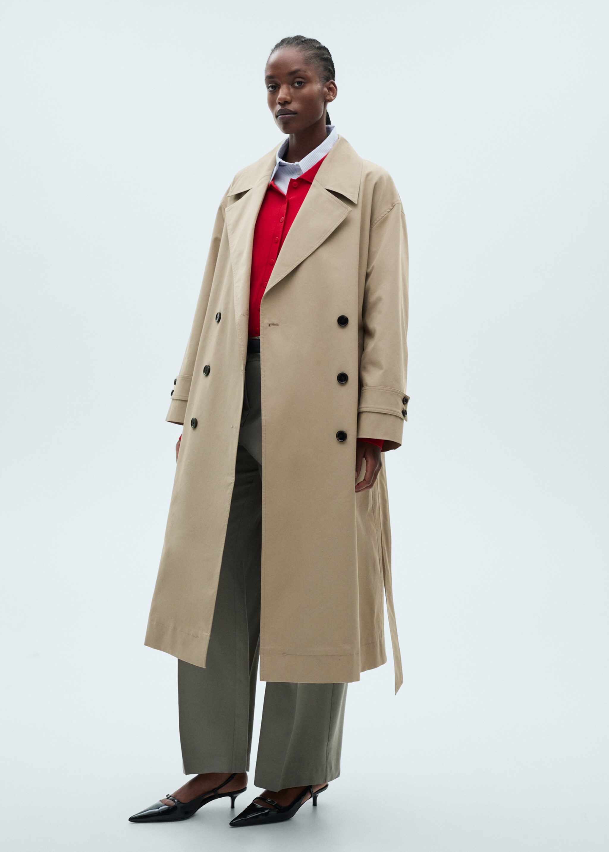 Long oversized double-breasted trench coat - Details of the article 3, Khaki. Ref: 87054076-00.