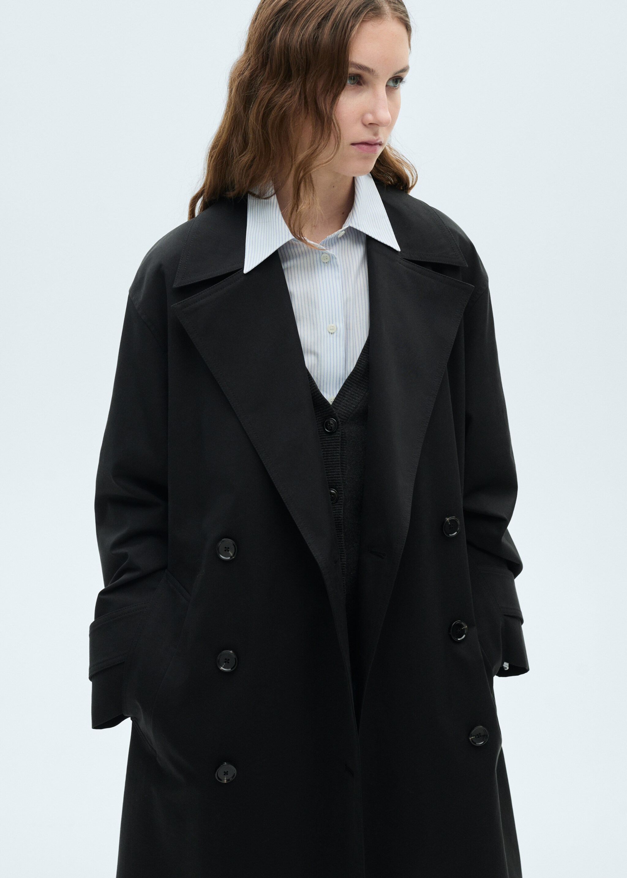 Long oversized double-breasted trench coat - Medium plane, Black. Ref: 87054076-00.