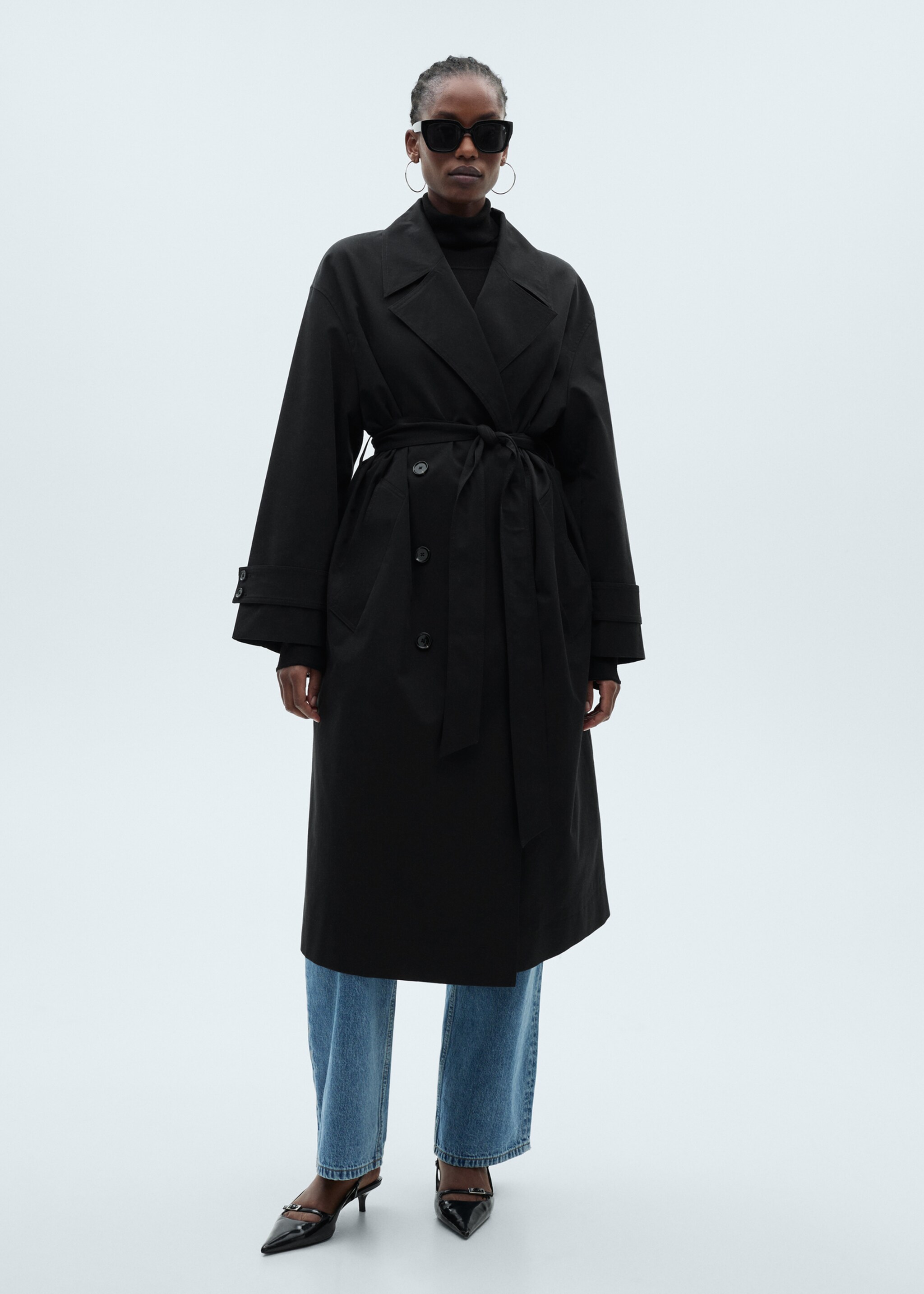 Long oversized double-breasted trench coat - Details of the article 3, Black. Ref: 87054076-00.