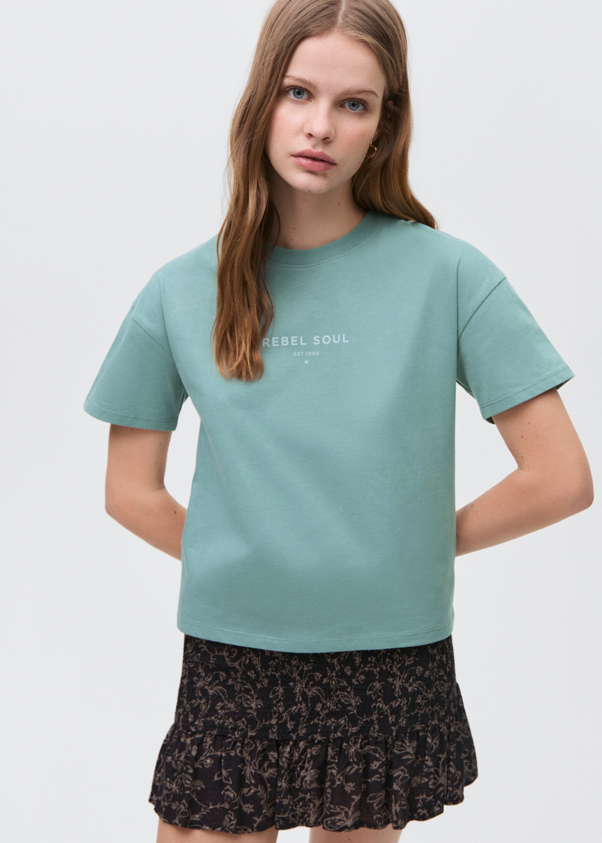 Bavlněné tričko s nápisem - Náhled ve středové rovině, Pastelově zelená. Ref: 87054784-00.