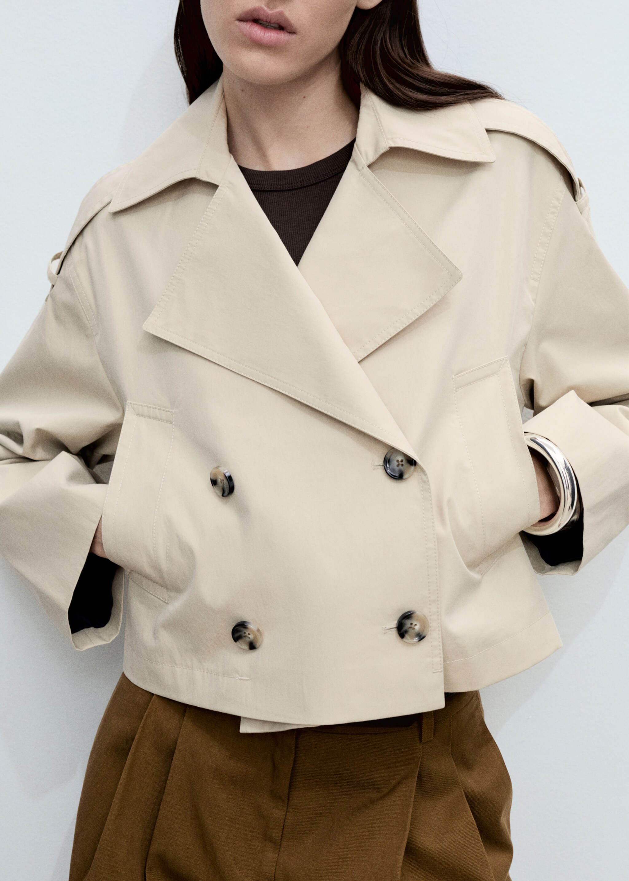 Double-breasted cropped trench coat - Medium plane, Light/Pastel Grey. Ref: 87055735-00.