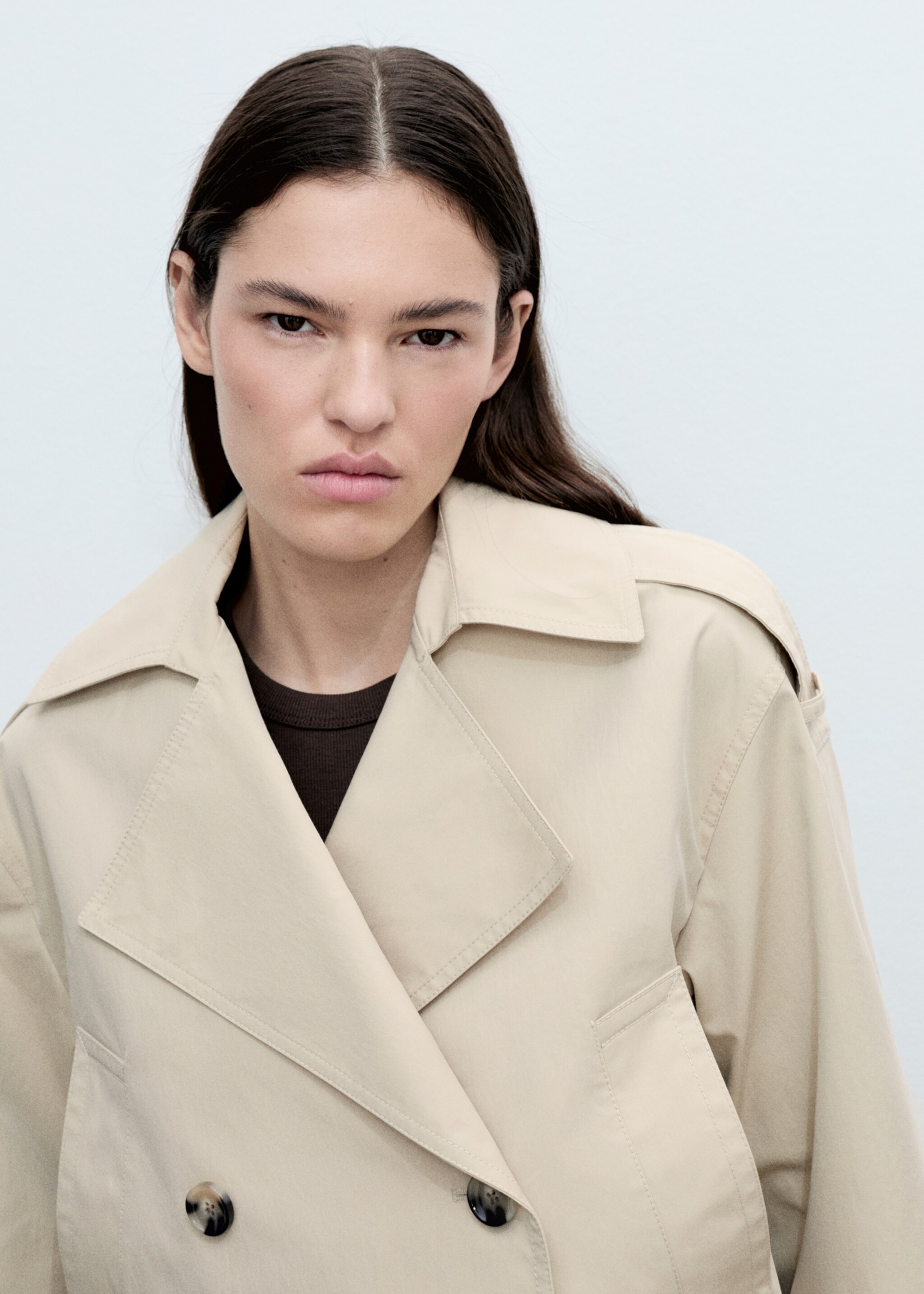 Double-breasted cropped trench coat - Details of the article 1, Light/Pastel Grey. Ref: 87055735-00.