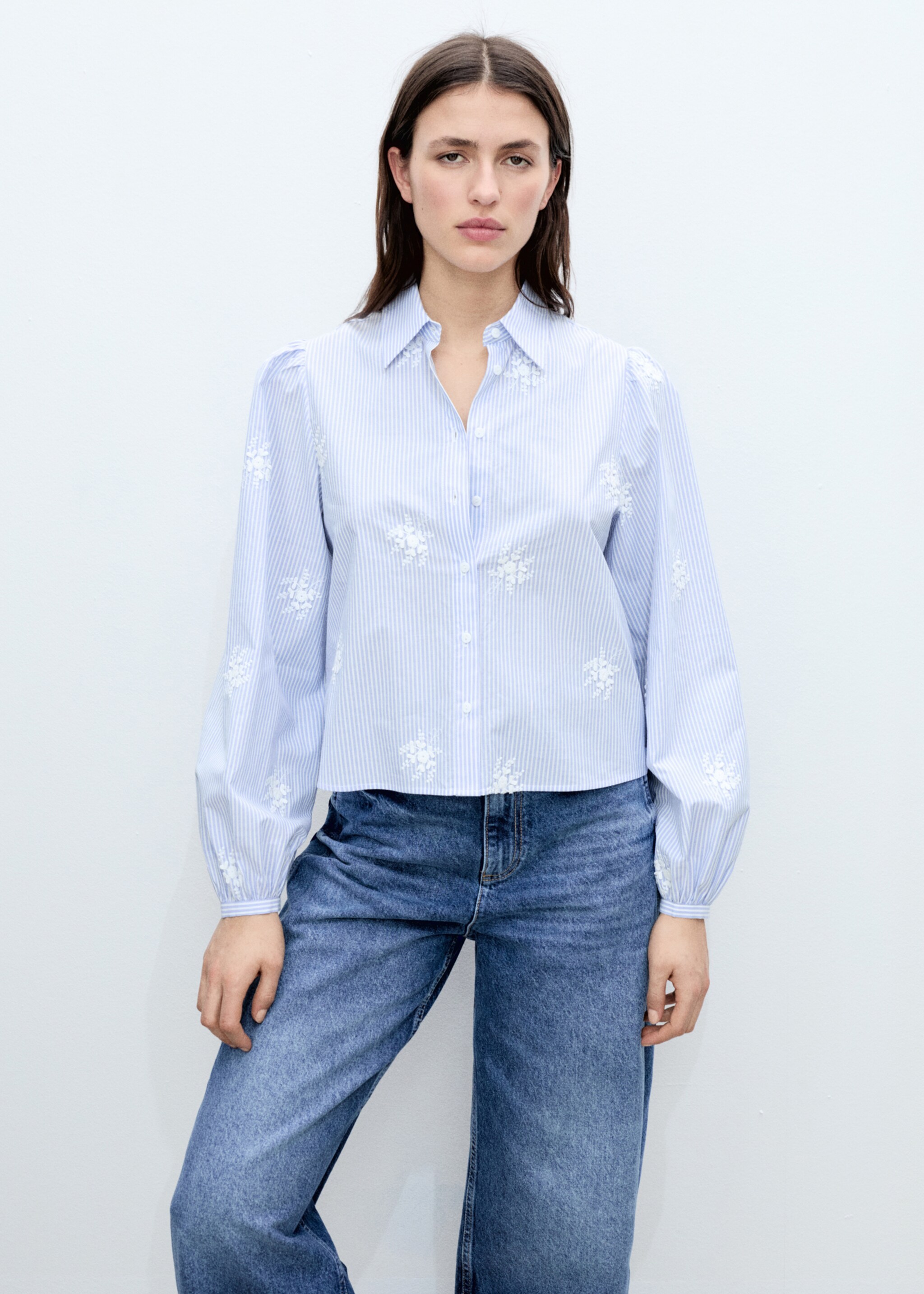 Flower embroidered striped shirt - Medium plane, Sky Blue. Ref: 87055741-00.