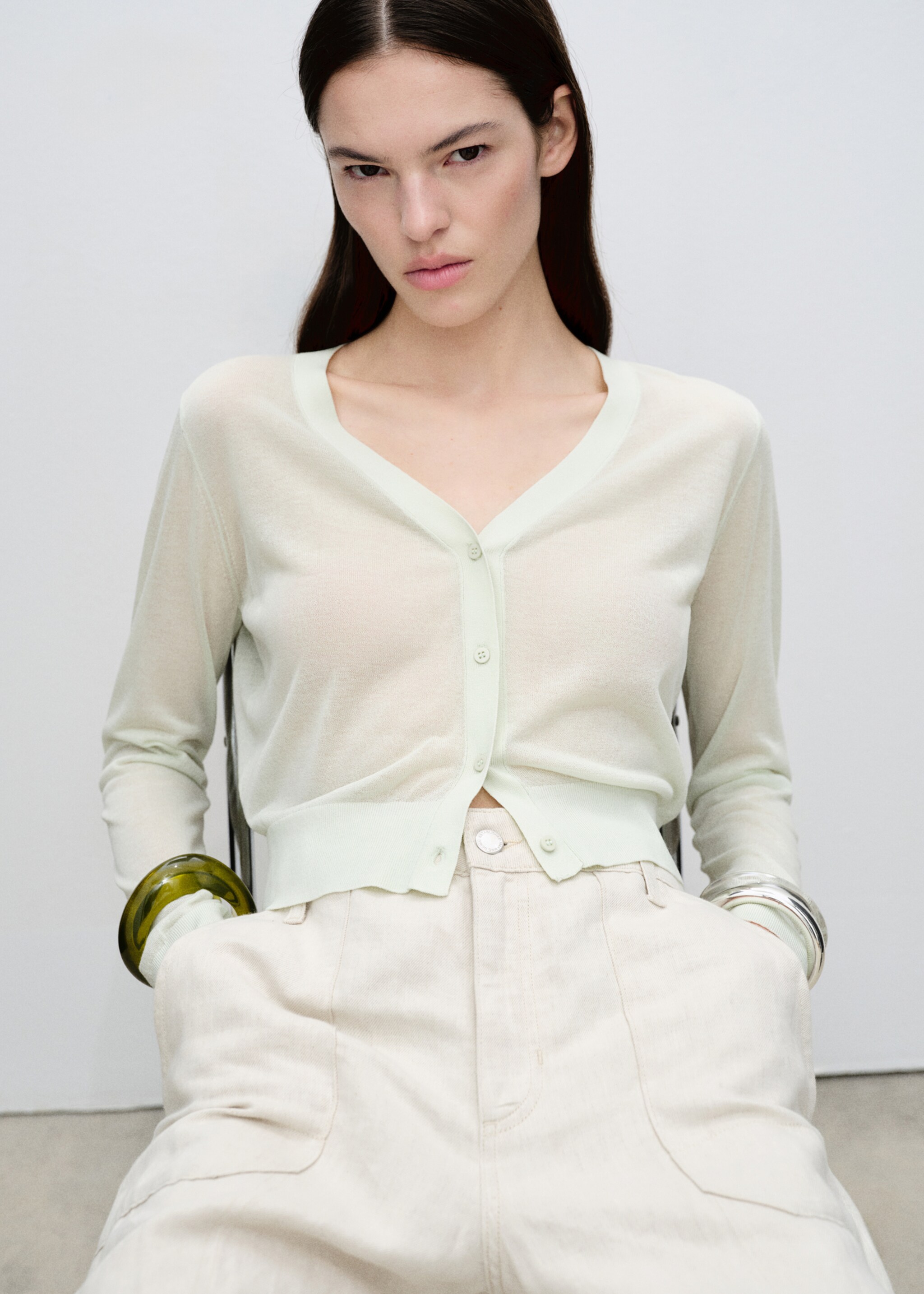 Semi-transparent cropped knitted cardigan - Medium plane, Aqua Green. Ref: 87055747-00.