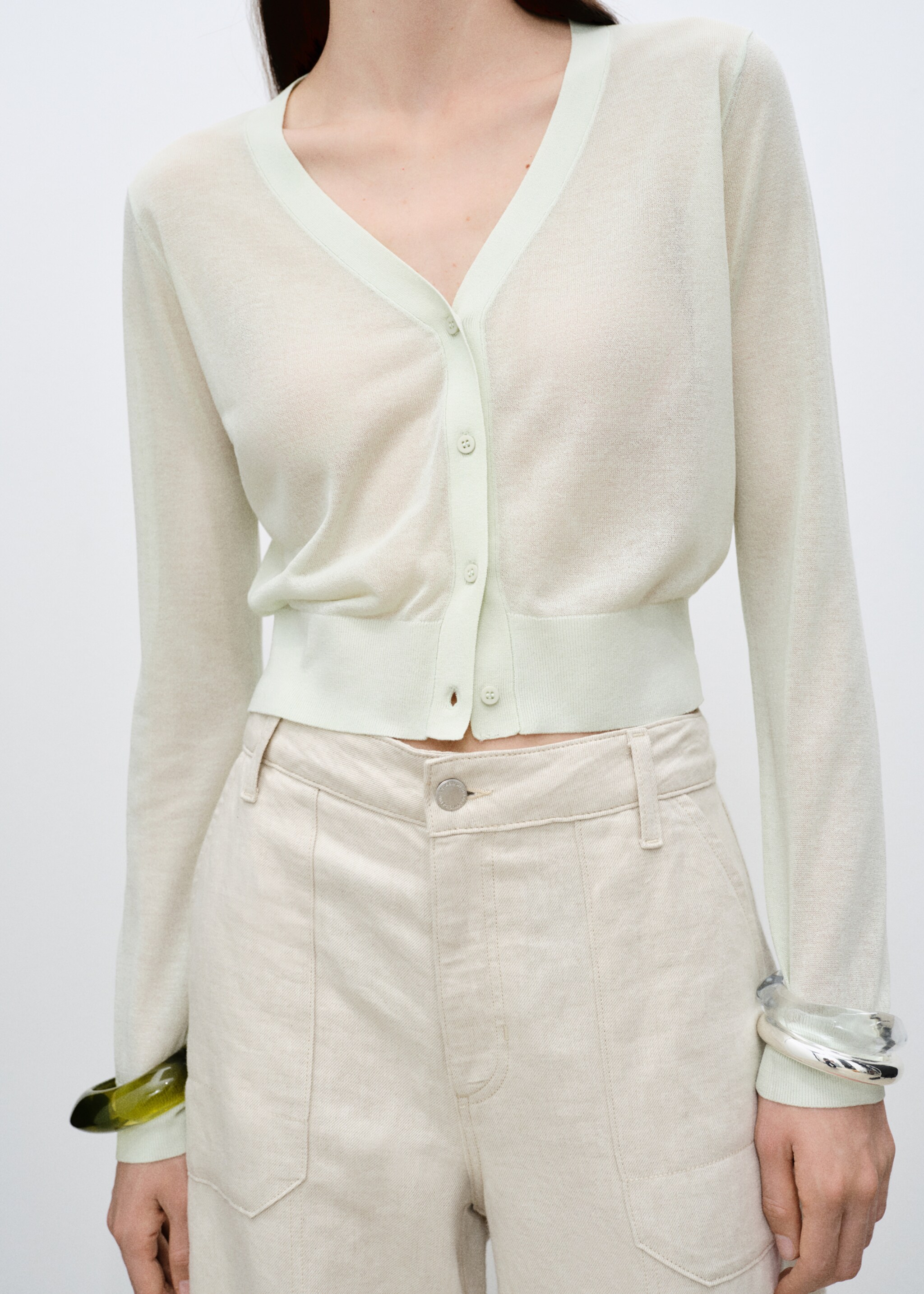Semi-transparent cropped knitted cardigan - Details of the article 6, Aqua Green. Ref: 87055747-00.