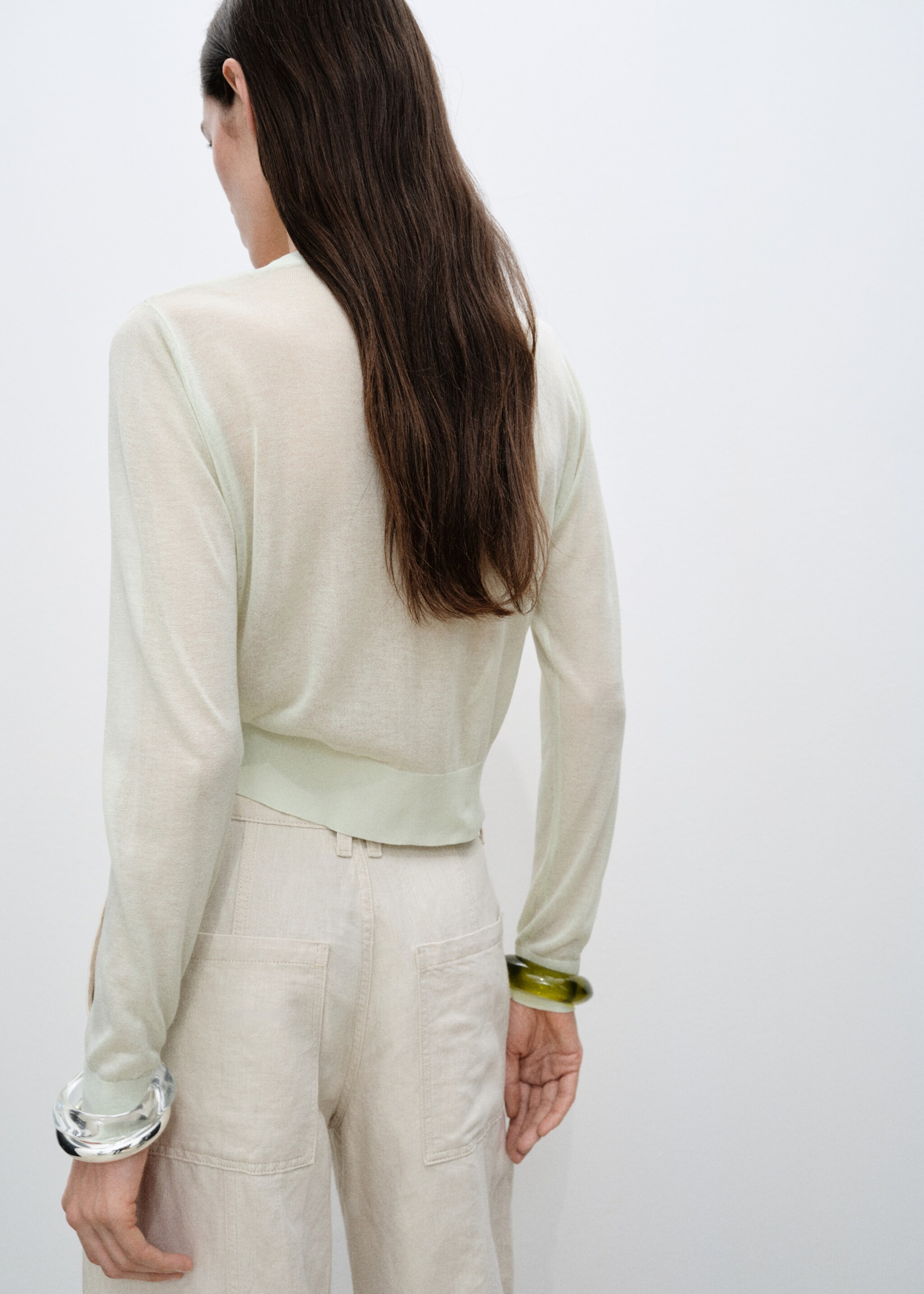 Semi-transparent cropped knitted cardigan - Reverse of the article, Aqua Green. Ref: 87055747-00.