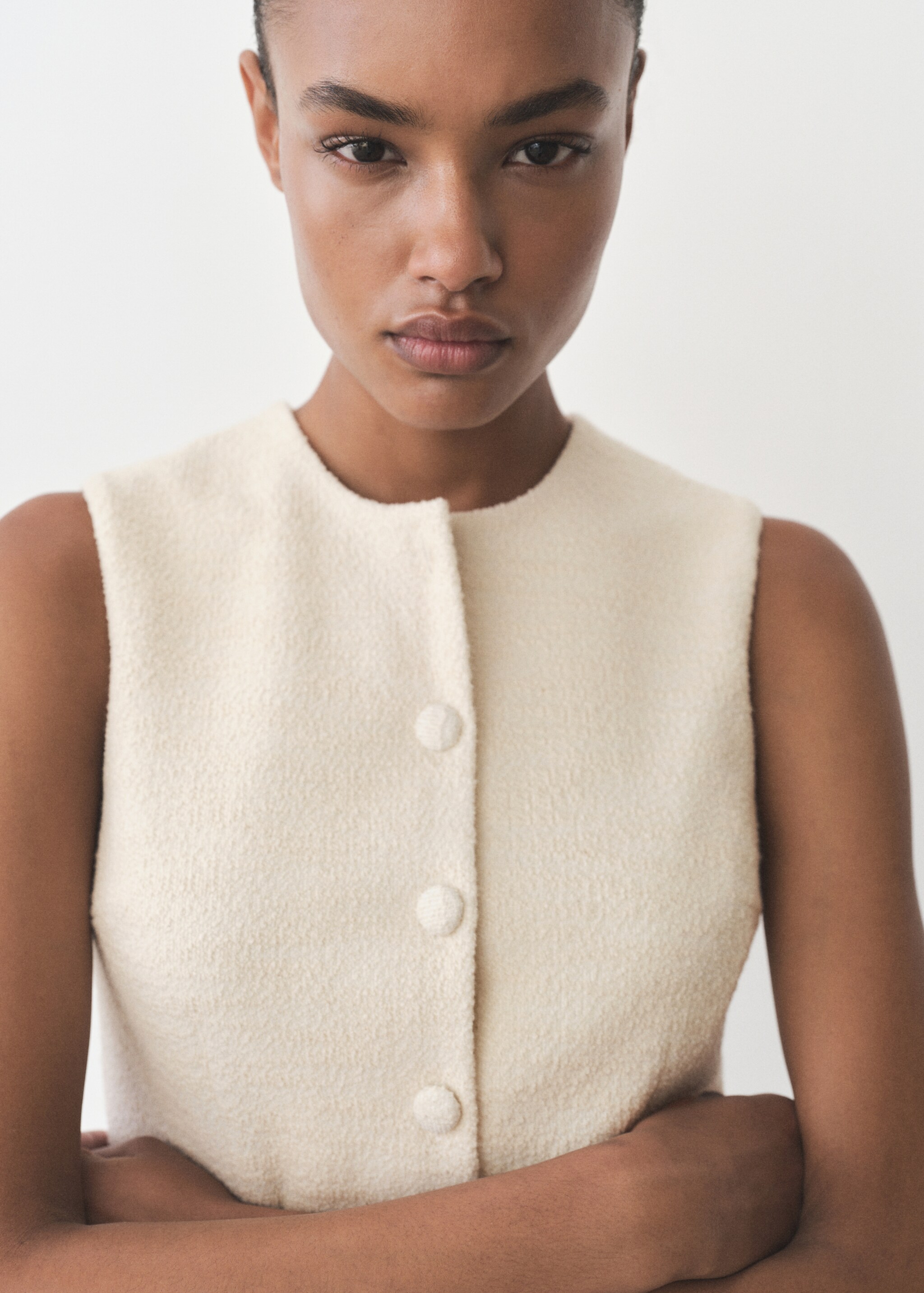 Buttoned tweed jumpsuit - Details of the article 1, Ecru. Ref: 87055755-00.