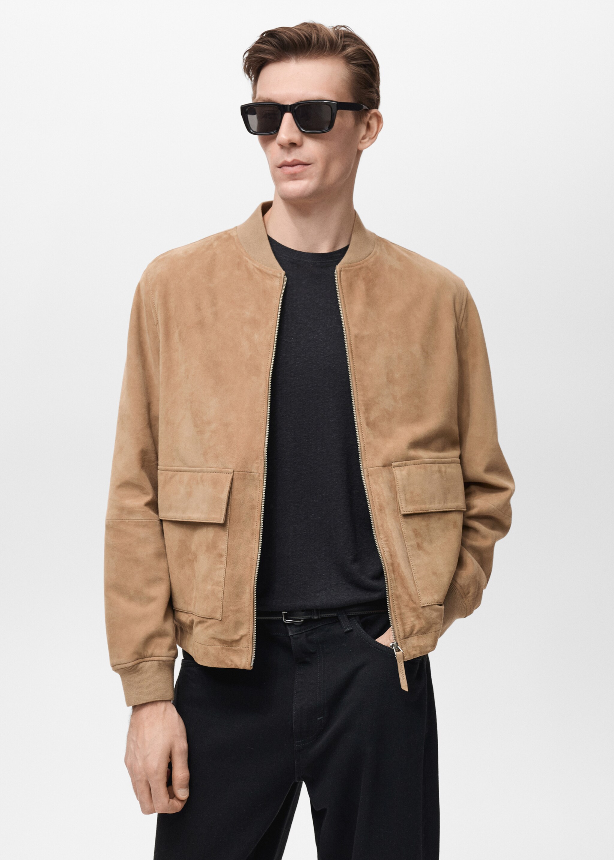 Suede leather bomber jacket - Medium plane, Beige. Ref: 87055917-00.