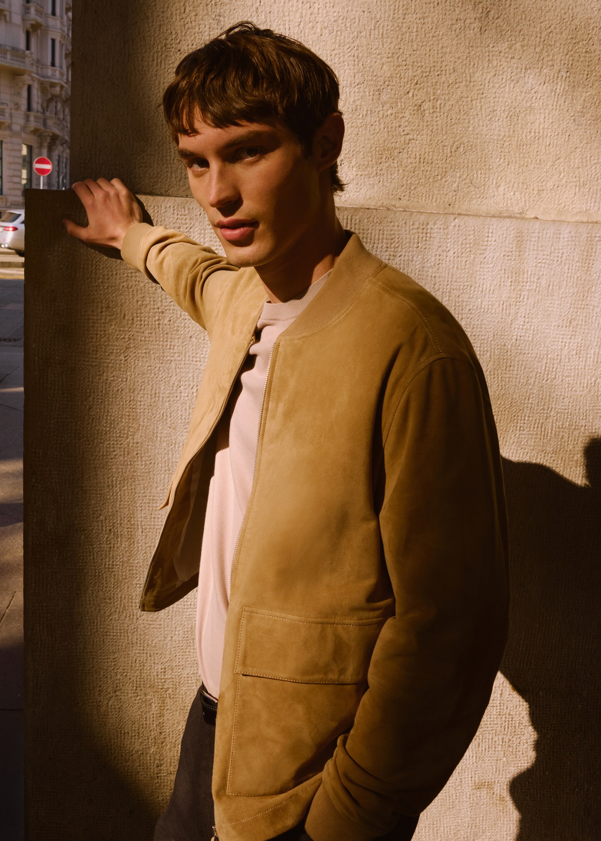 Suede leather bomber jacket - Details of the article 3, Beige. Ref: 87055917-00.