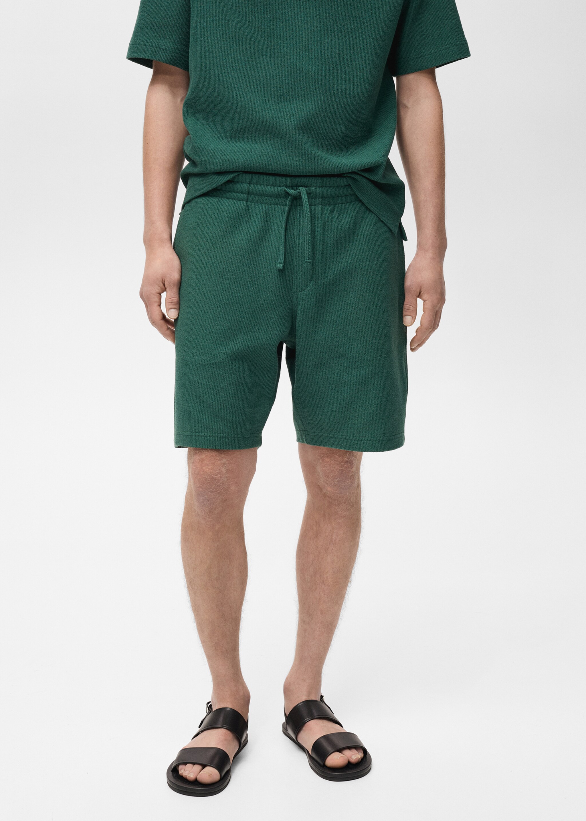 Textured cotton bermuda shorts with drawstring - Medium plane, Green. Ref: 87055924-00.