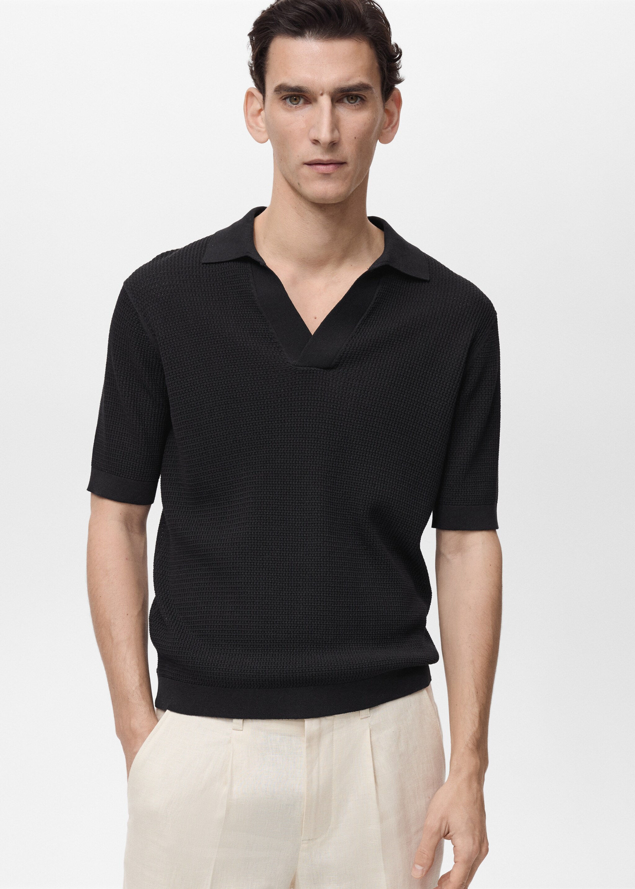 Structured fine-knit polo shirt - Medium plane, Black. Ref: 87055933-00.