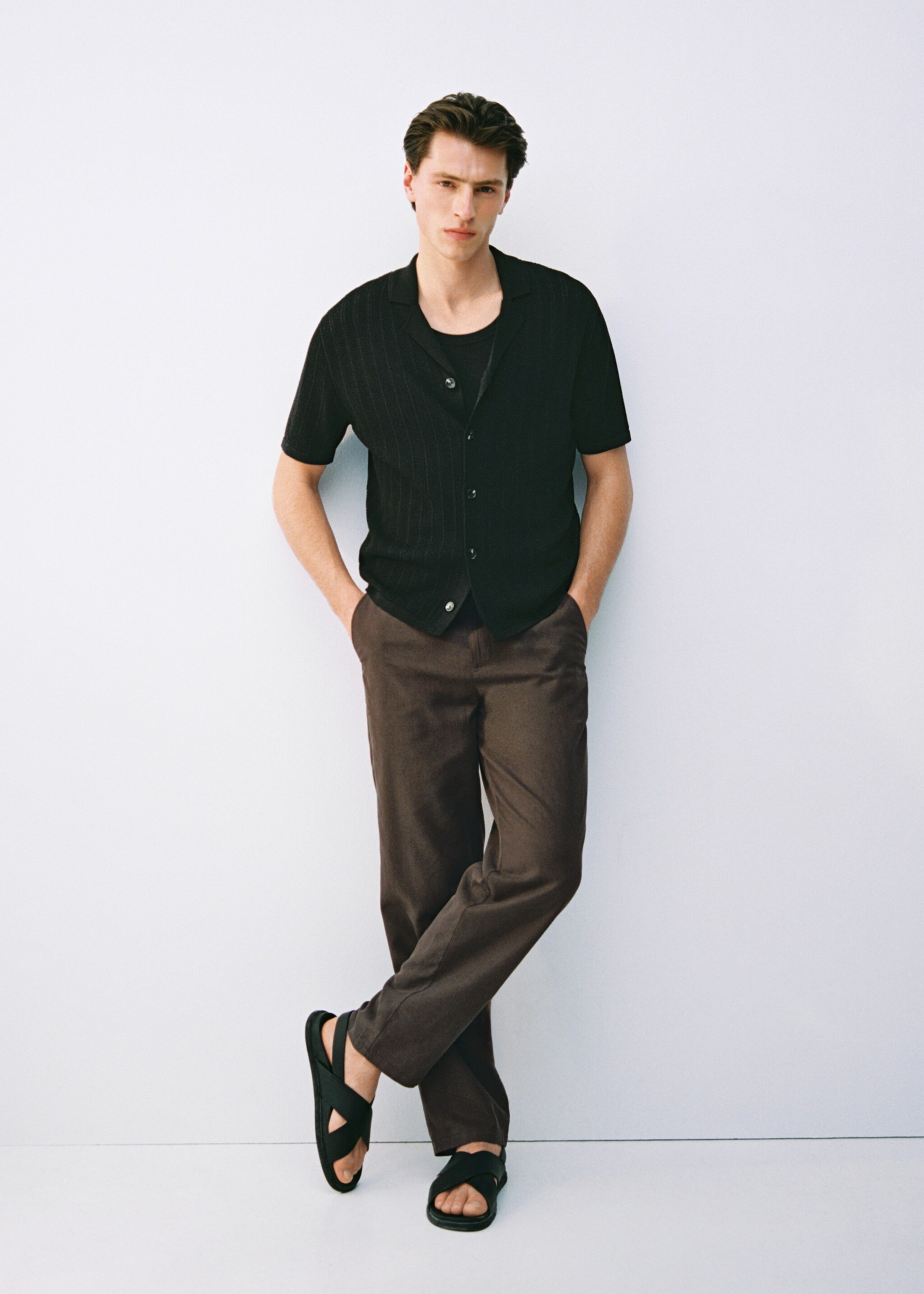 Knitted shirt with pointelle detail - Details of the article 5, Black. Ref: 87055934-00.