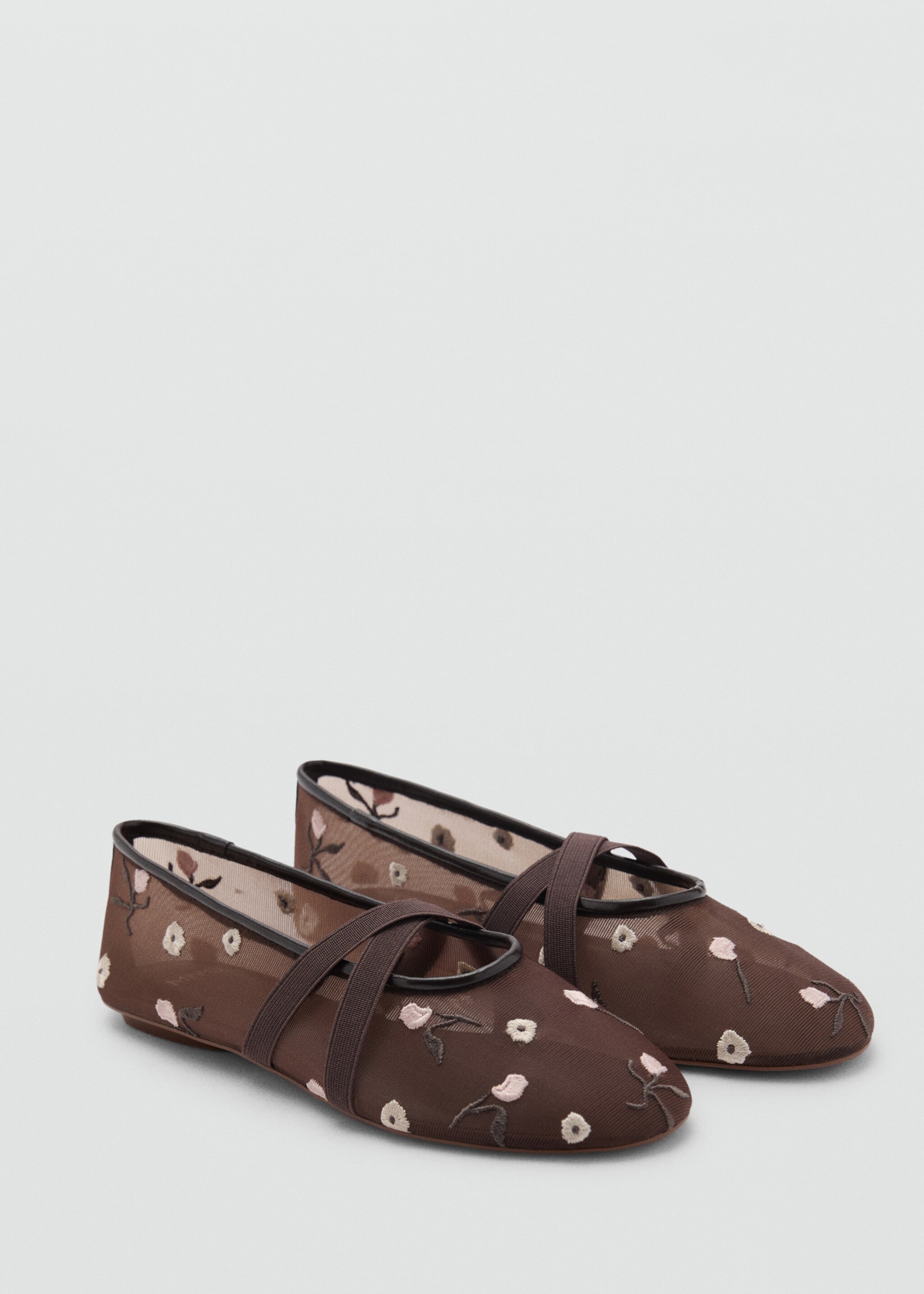 Ballerina flats with cross straps with embroidered flowers - Medium plane, Brown. Ref: 87056710-00.