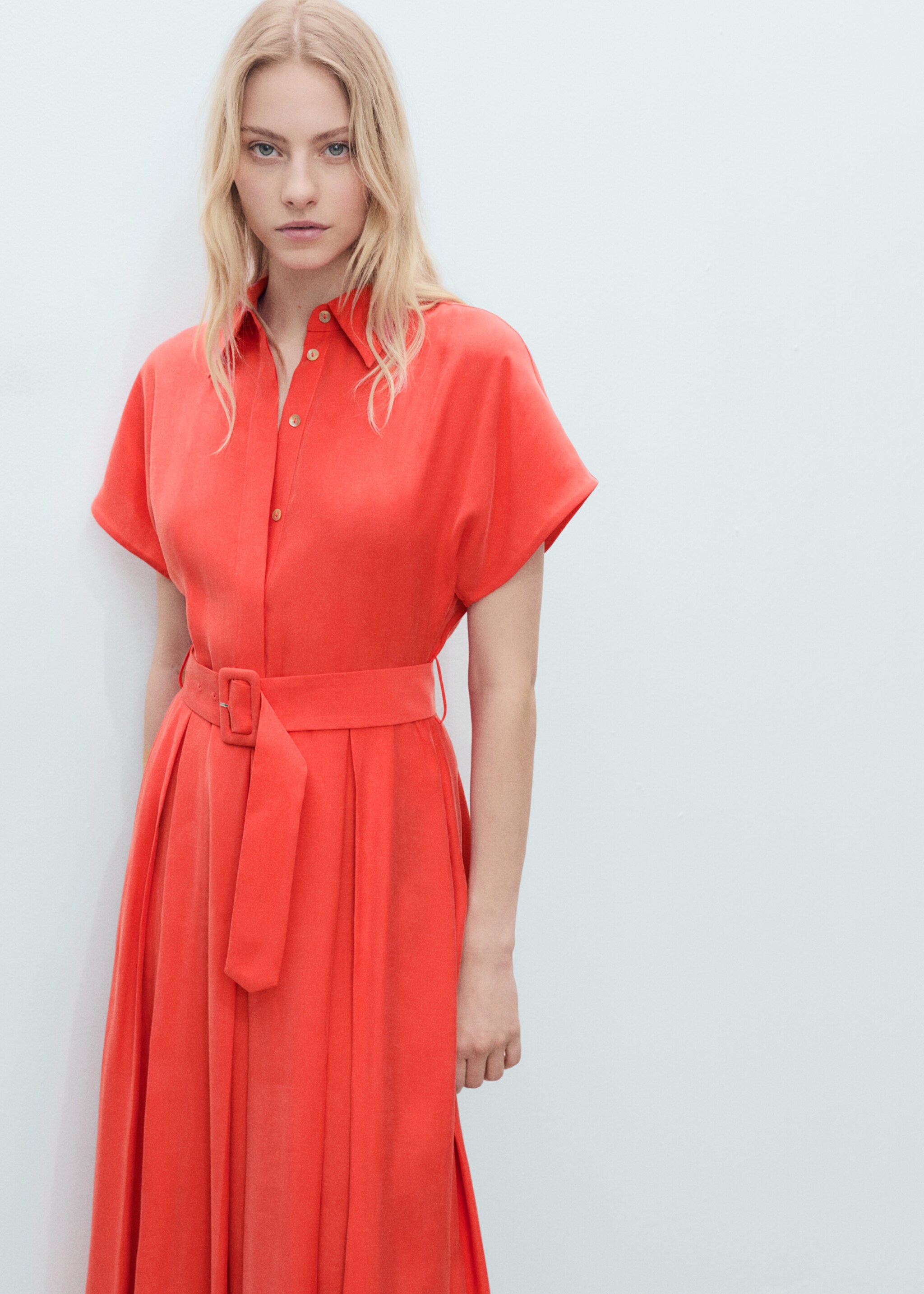 Flared midi-dress with belt - Medium plane, Red. Ref: 87057173-00.