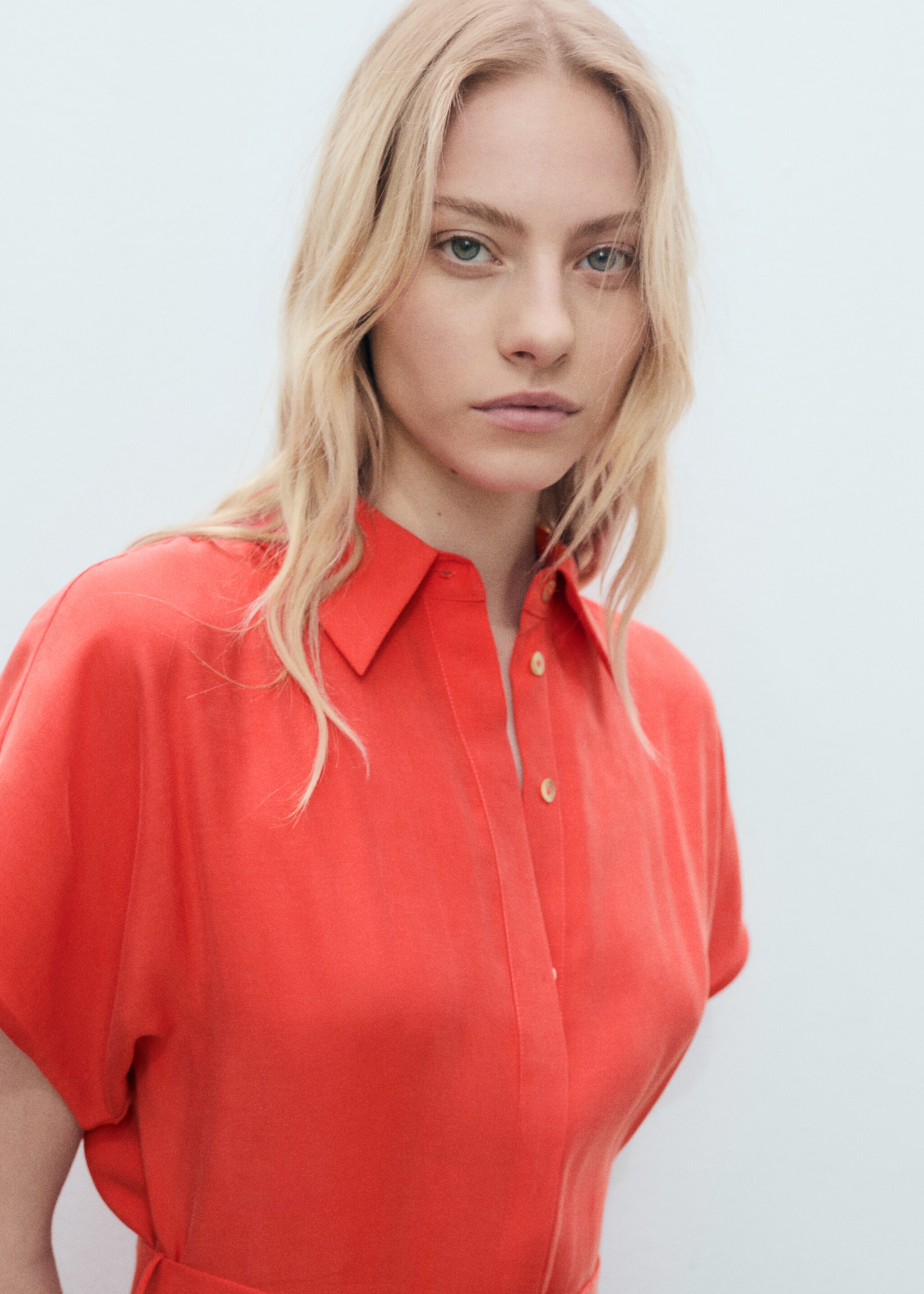 Flared midi-dress with belt - Details of the article 1, Red. Ref: 87057173-00.