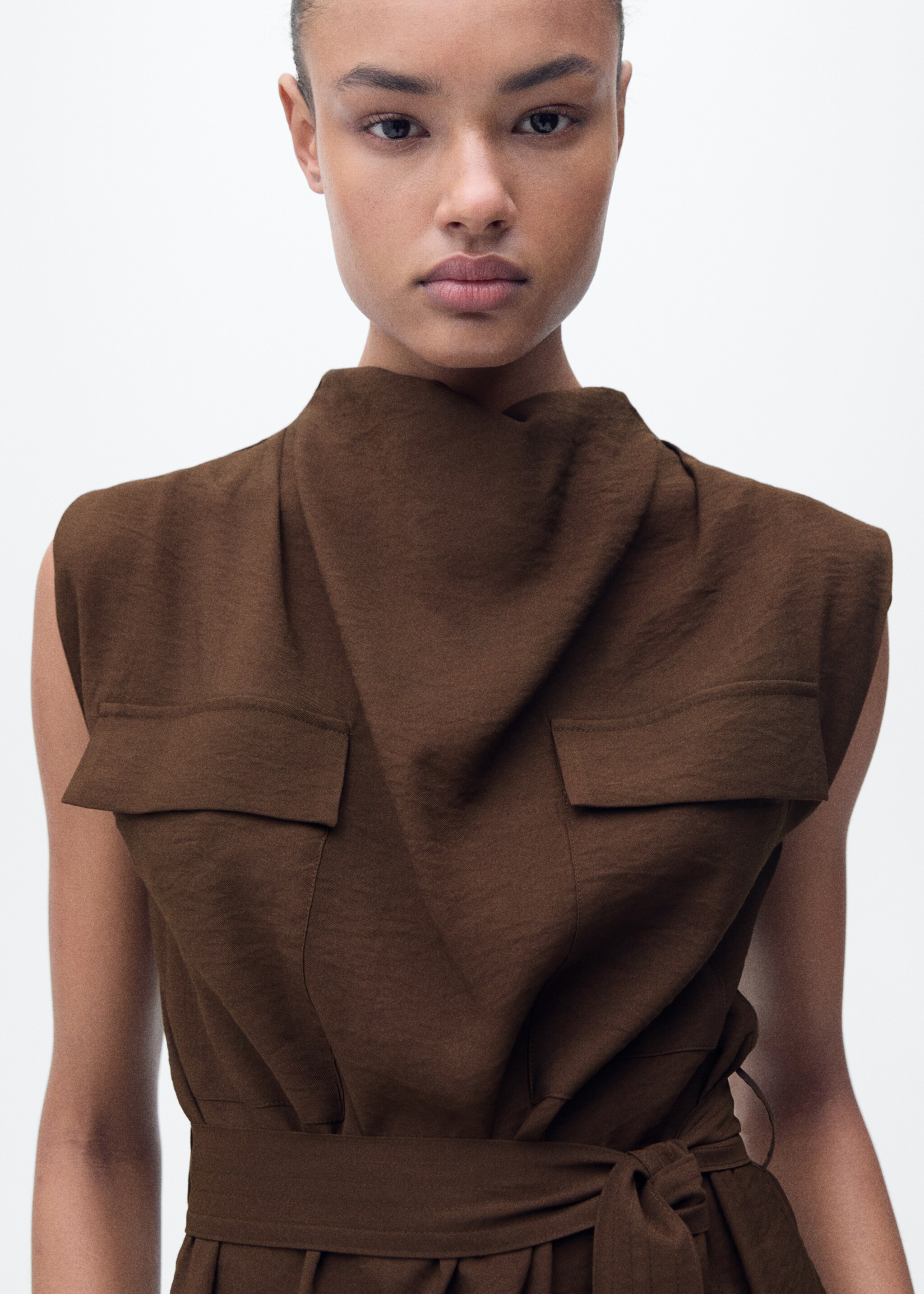 Blouse with draped neck and belt - Details of the article 1, Chocolate. Ref: 87057192-00.