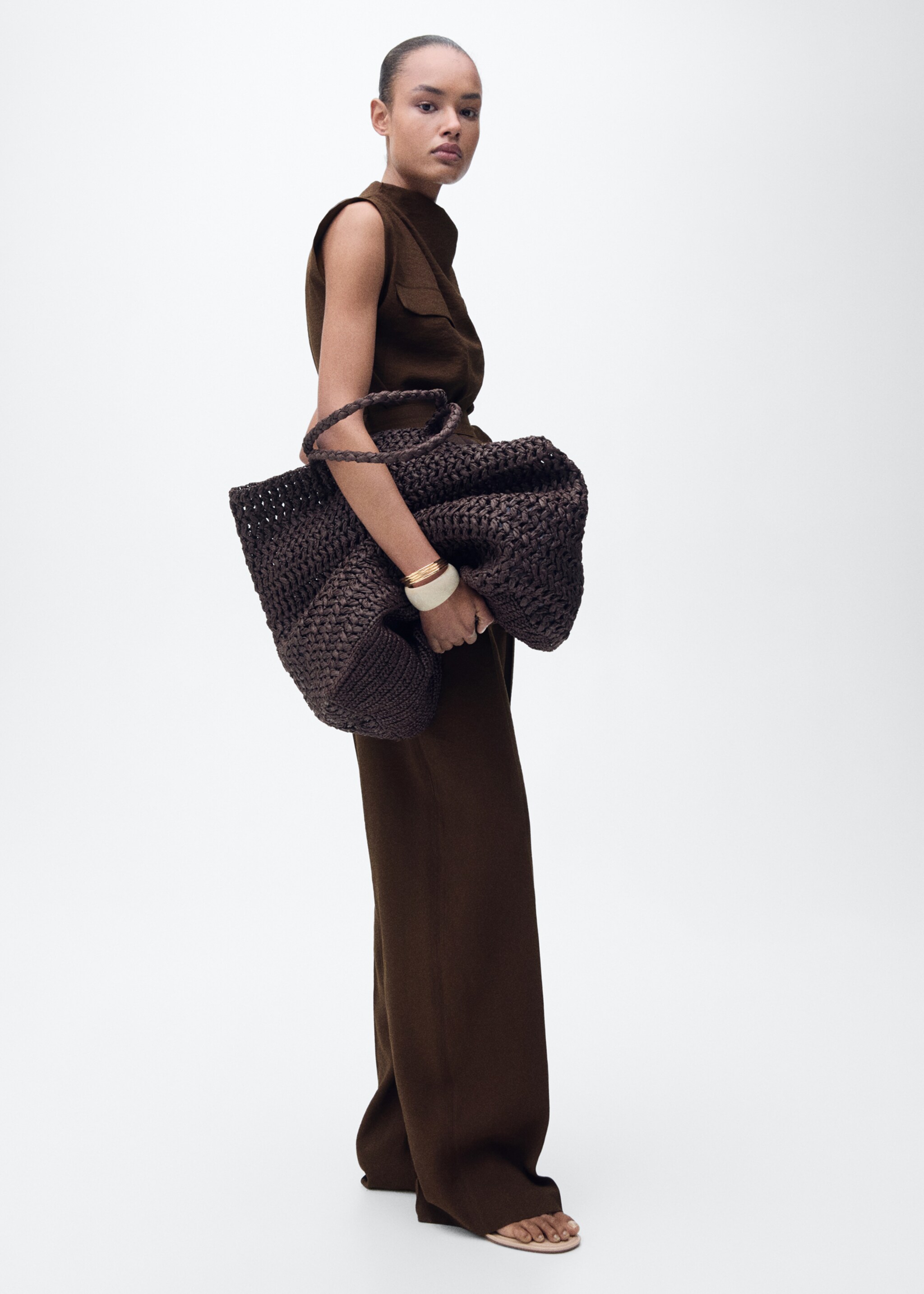 Blouse with draped neck and belt - Details of the article 2, Chocolate. Ref: 87057192-00.