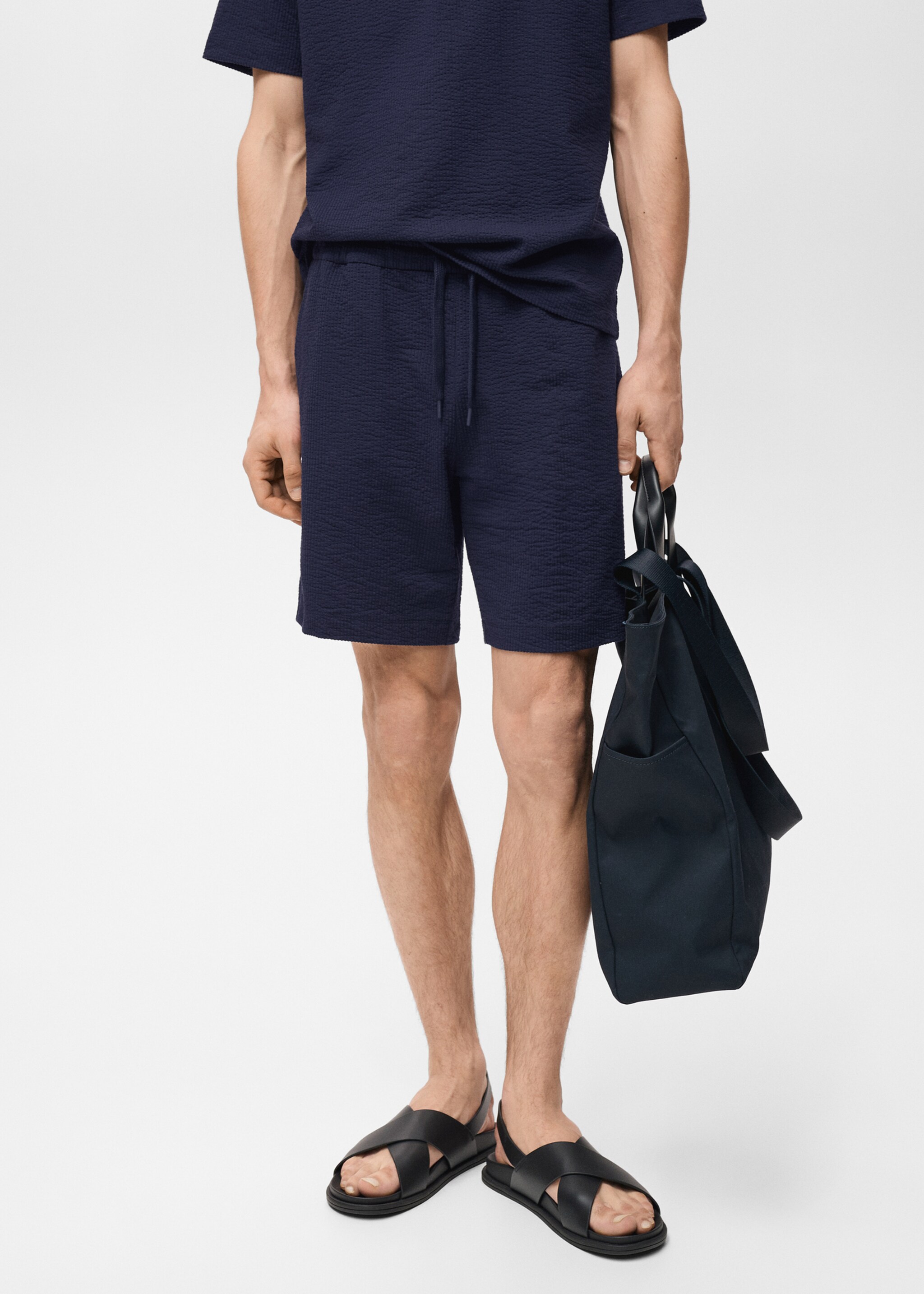 Seersucker shorts with drawstring - Medium plane, Dark Navy. Ref: 87057895-00.