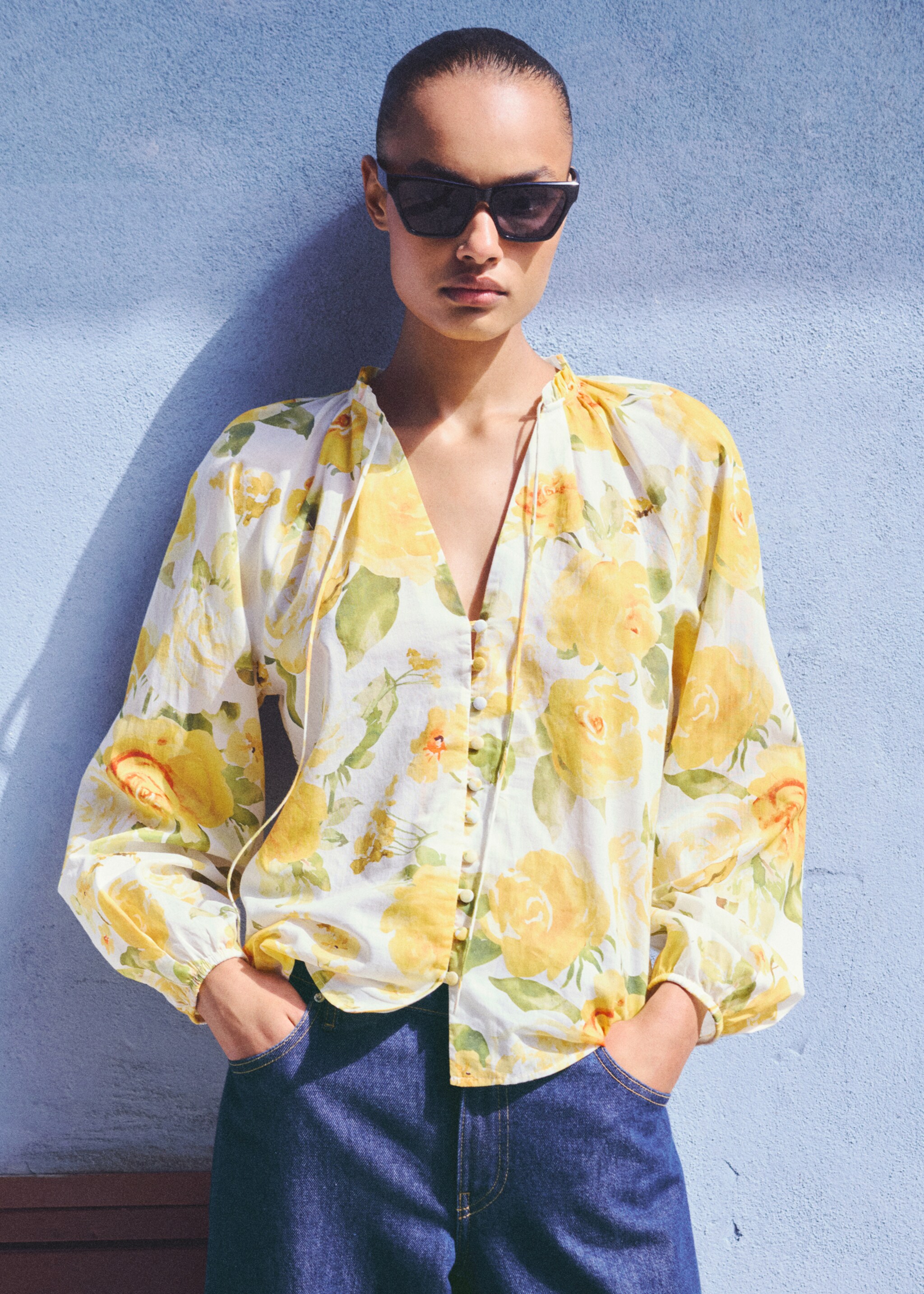 Floral cotton blouse - Details of the article 6, Yellow. Ref: 87058652-00.