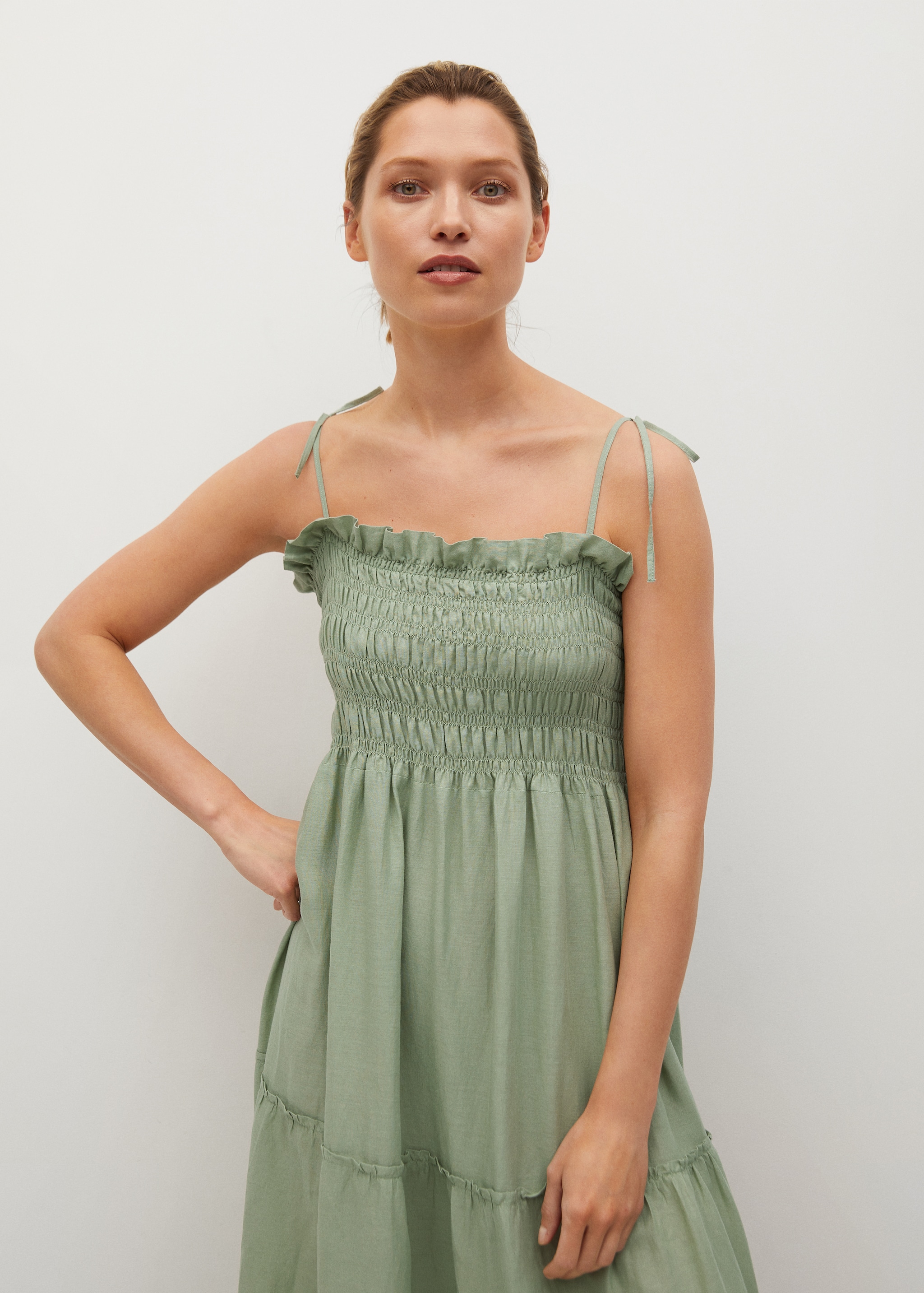 Vestido lino panel elástico - Plano medio