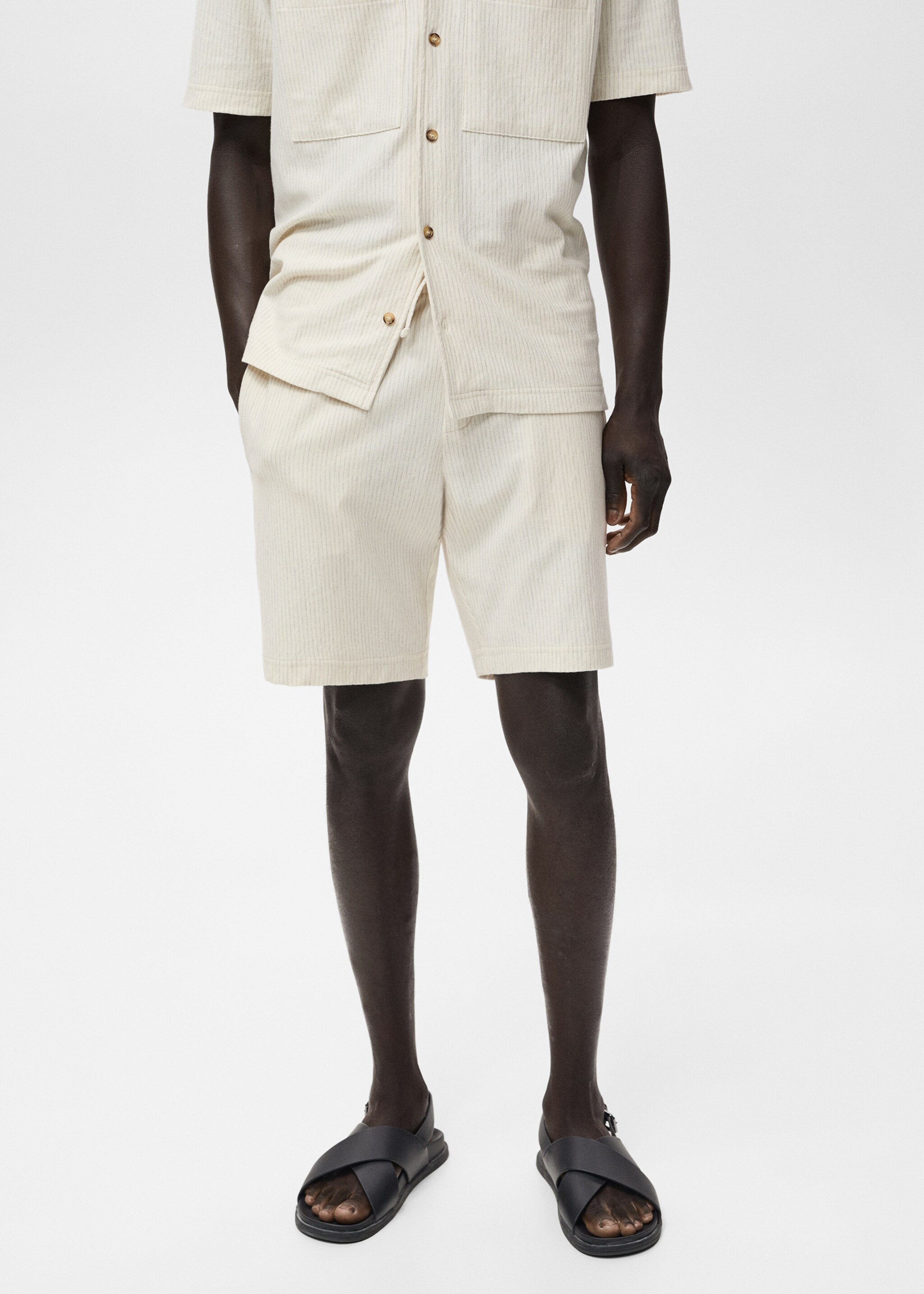 Striped cotton Bermuda shorts - Medium plane, Ivory White. Ref: 87059218-00.
