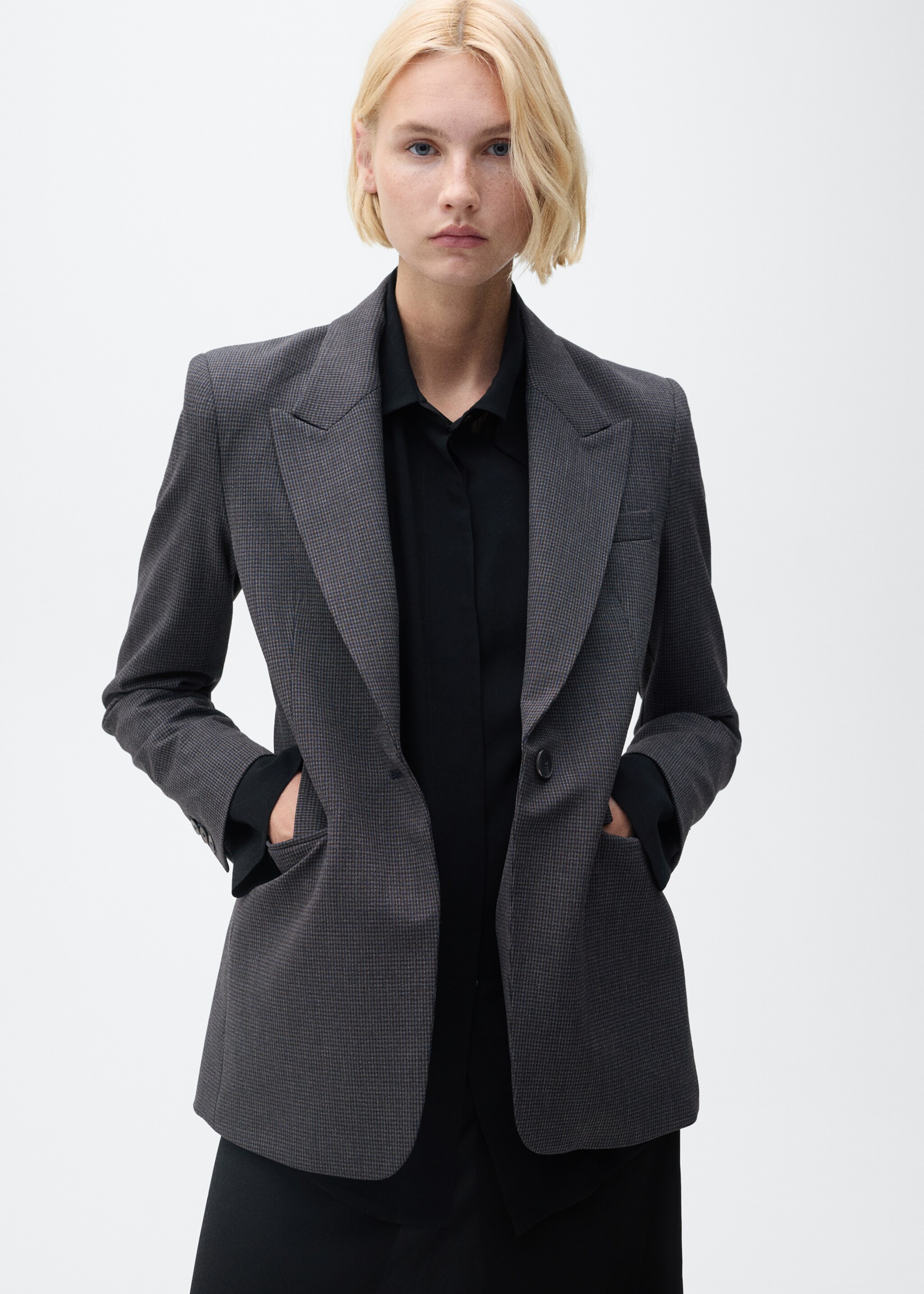 Straight-fit micro-houndstooth jacket - Details of the article 2, Dark Navy. Ref: 87060450-00.