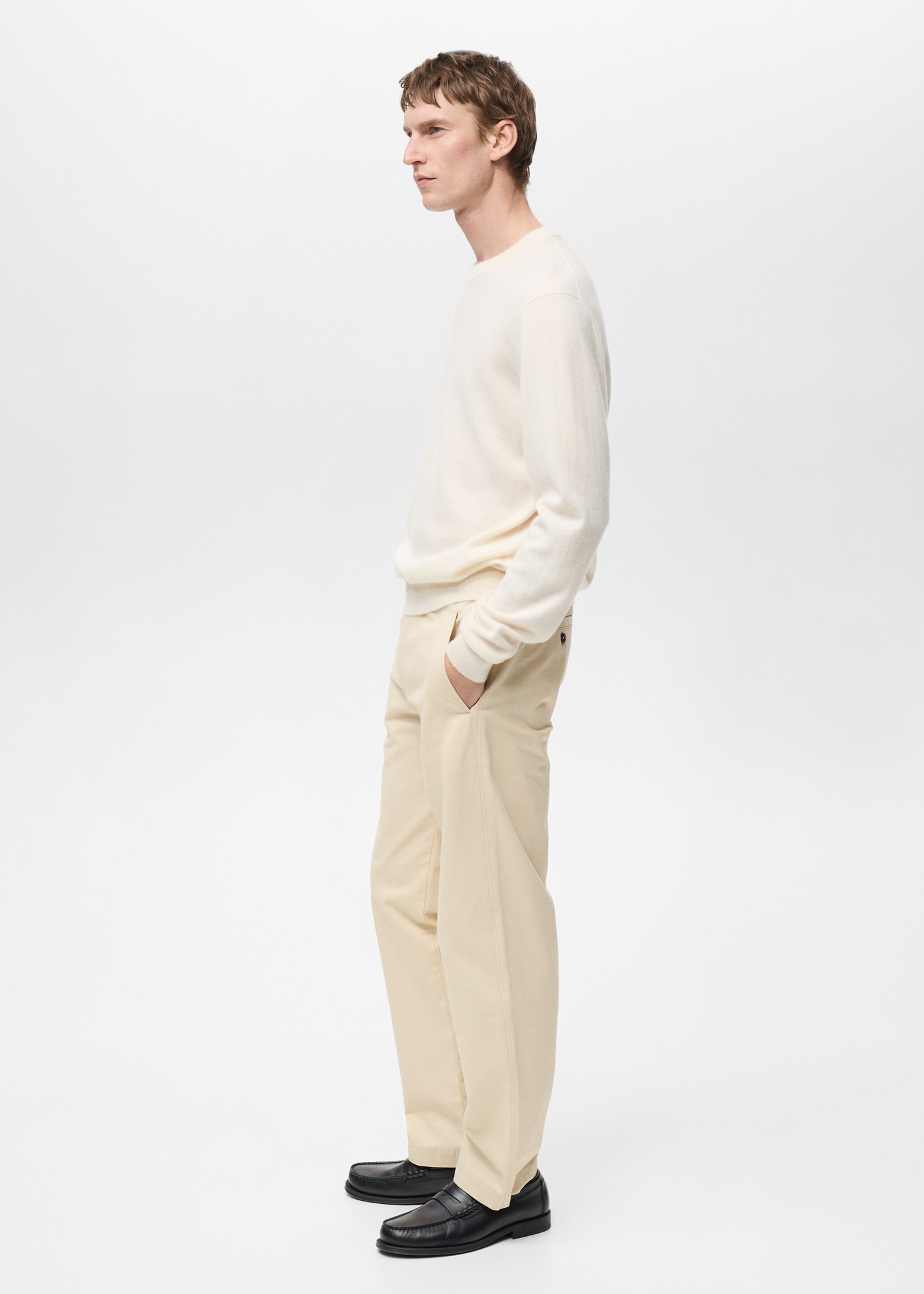 Regular fit cotton drawstring trousers - Details of the article 6, Ecru. Ref: 87060575-00.