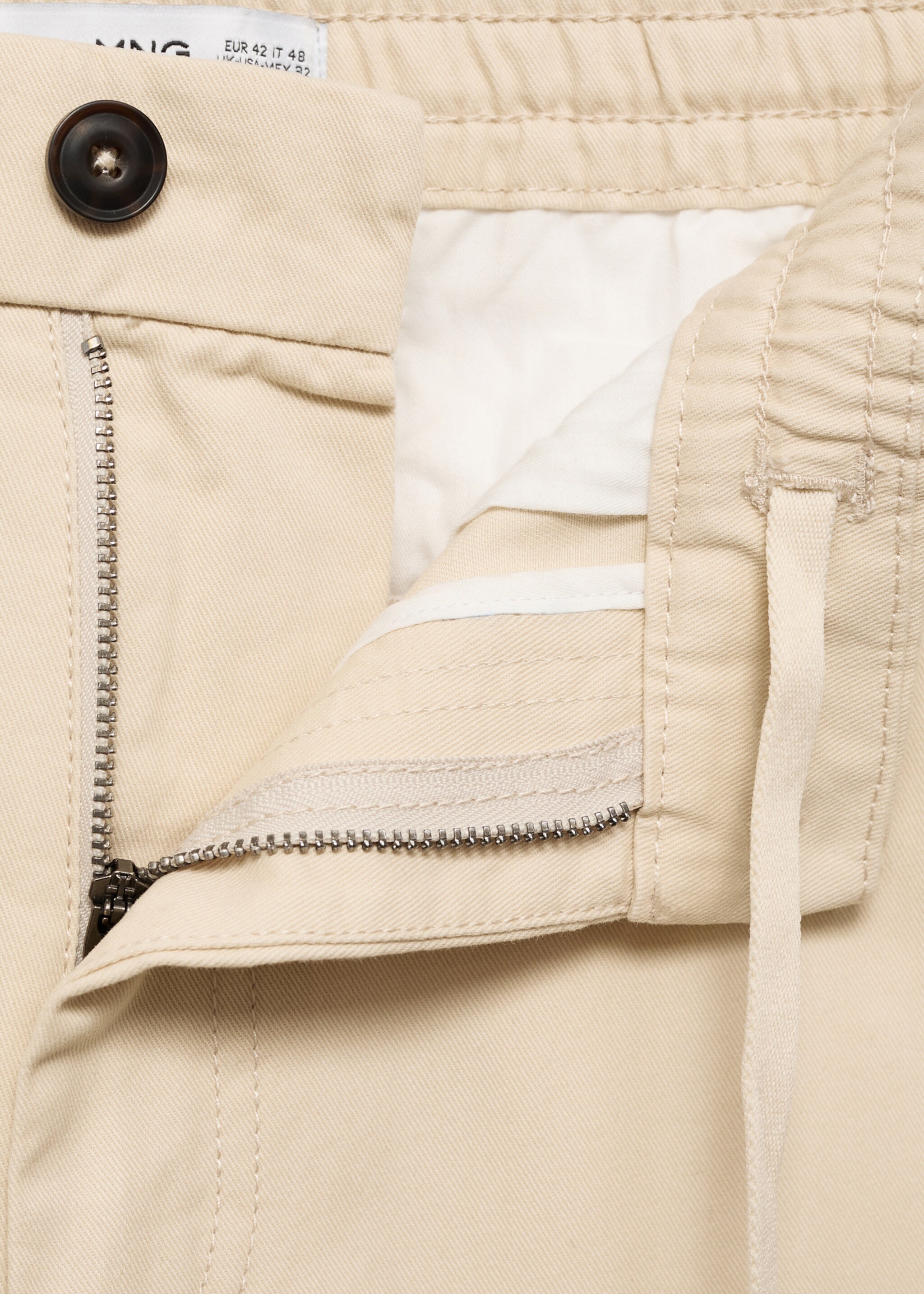 Regular fit cotton drawstring trousers - Details of the article 8, Ecru. Ref: 87060575-00.